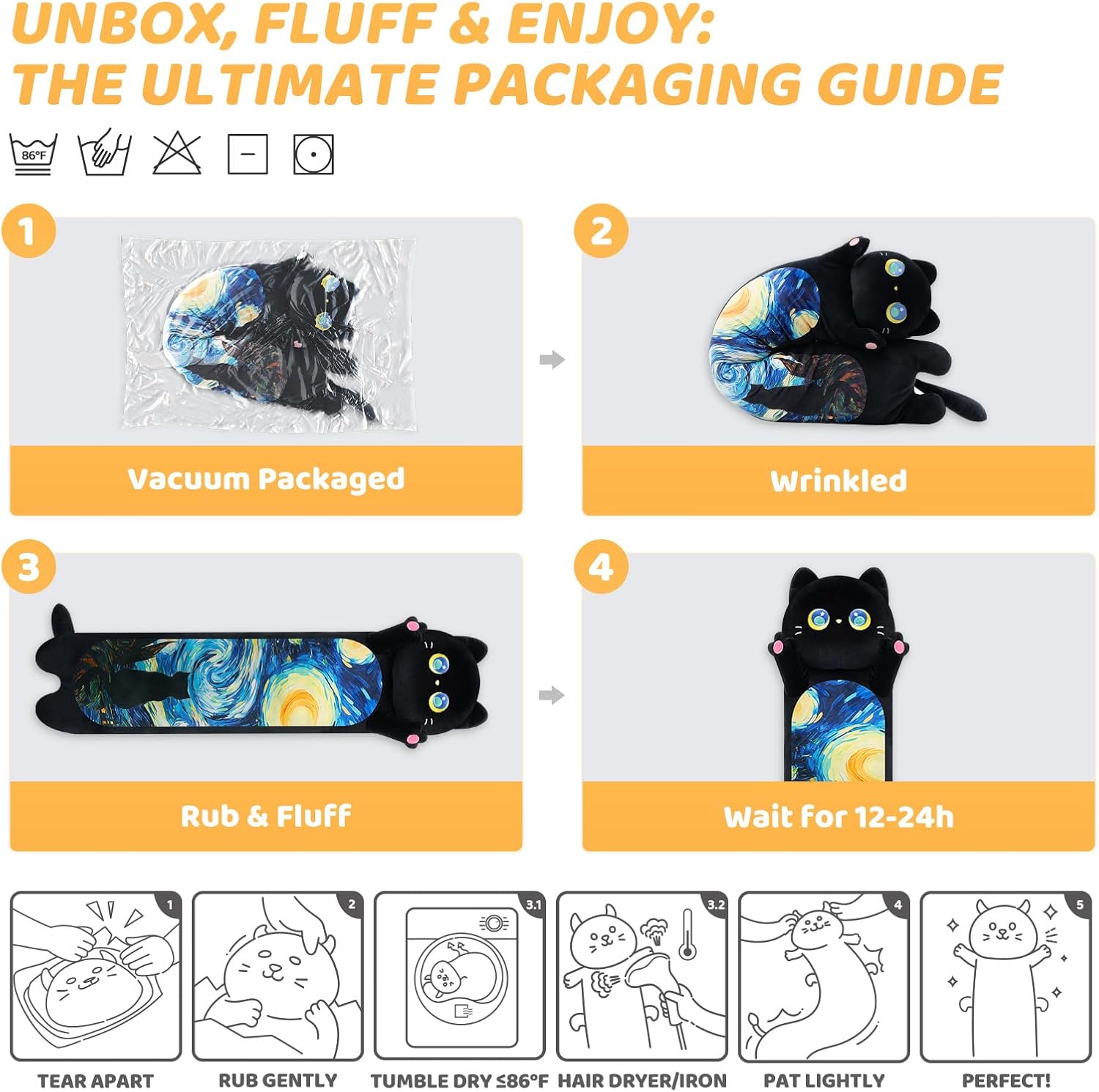 Mewaii Long Cat Plush 5 Sizes, 120% Extra Filling Giant Plushness Kids Body Pillow, Kawaii Cute Black Starry Cat Stuffed Animals Plushies, Big Long Body Pillow Plush Gift for Girls 20” - Image 7