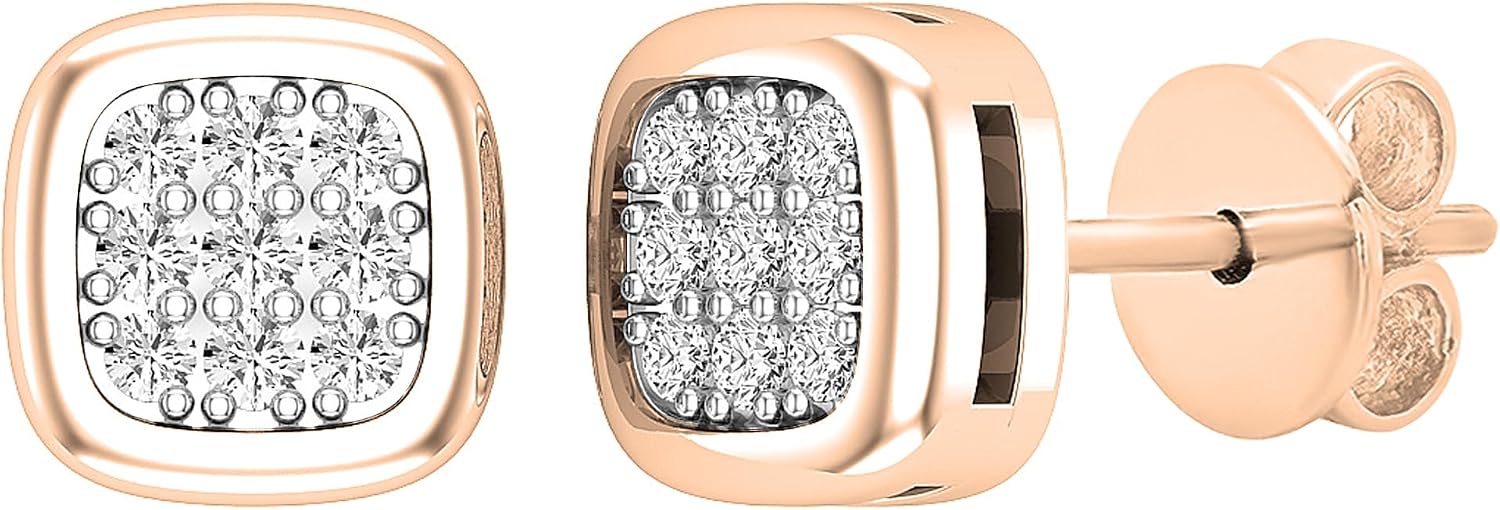 Dazzlingrock Collection 0.10 Ctw Round White Natural Diamond Women Cushion Frame Cluster Stud Earrings 1/10 CT, in Real Solid Gold & 925 Sterling Silver