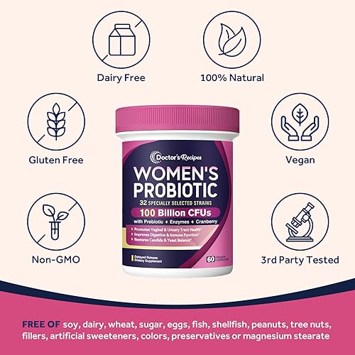 Miniatura 5 de Doctor's Recipes Probióticos para mujeres, 100 mil millones de UFC, 32 cepas, con fibra prebiótica, enzimas y arándano, digestivo e inmune urinario