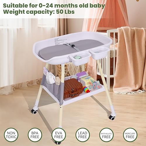Miniatura 7 de Cambiador de pañales para bebé, estación de cambio de pañales de altura ajustable con móvil de cuna, cambiador, organizador de guardería y estante