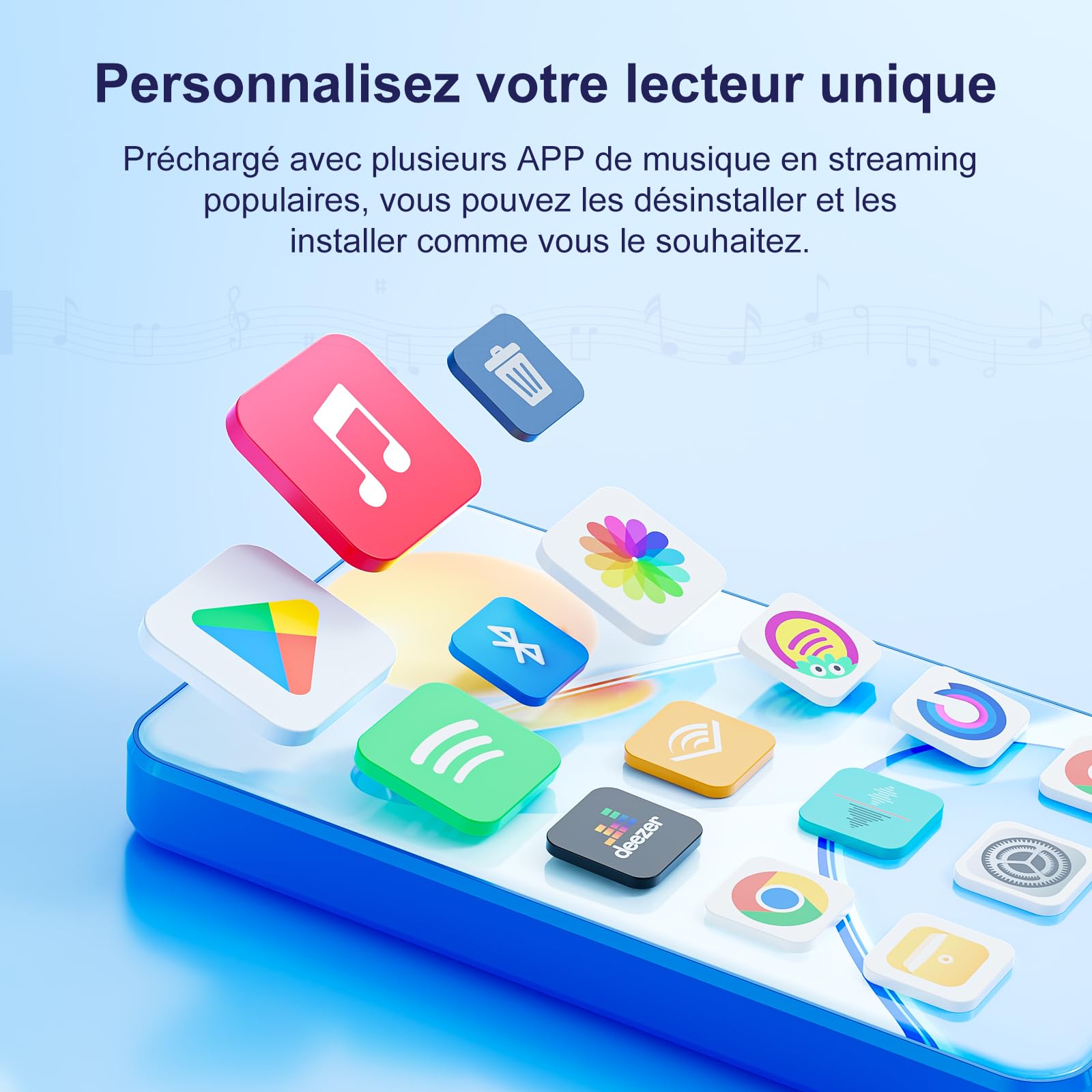 Lecteur MP3 16 Go avec Bluetooth et Wi-Fi, lecteur MP3 et MP4 Android avec écran tactile de 4 pouces et haut-parleur, lecteur de musique Spotify 2000 mAh avec Spotify Kids, Audible, Amazon