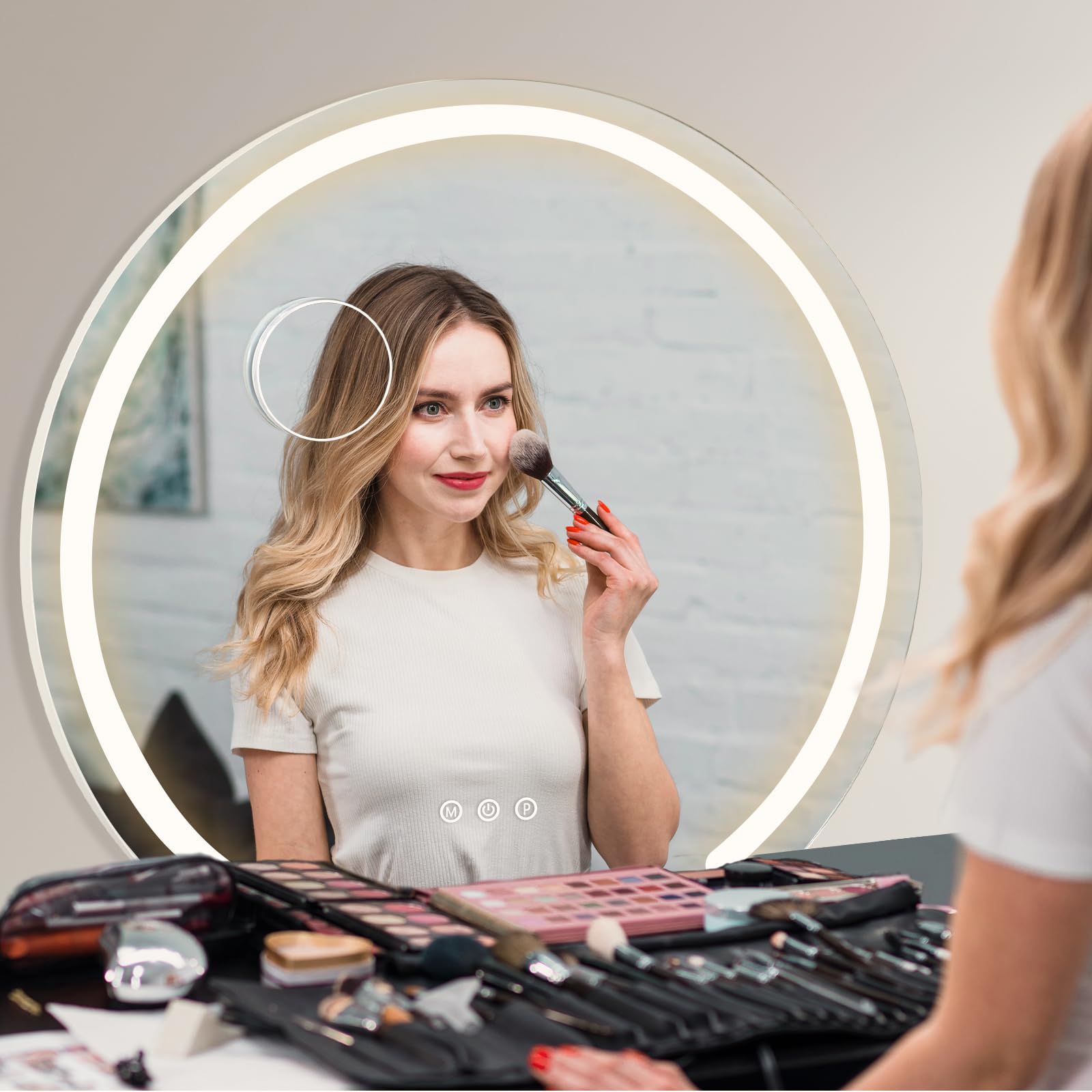 YOURLITE Miroir Maquillage Hollywood Rond D60cm, avec LED pour Coiffeuse, 3 Températures de Couleur dimmable, Port de Chargement USB, Loupe 10x, Installation Murale/sur Table