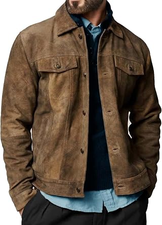 Mens Suede Leather Jacket Real Lambskin Suede Casual Leather Jackets For Men Suede Trucker Coat for Mens