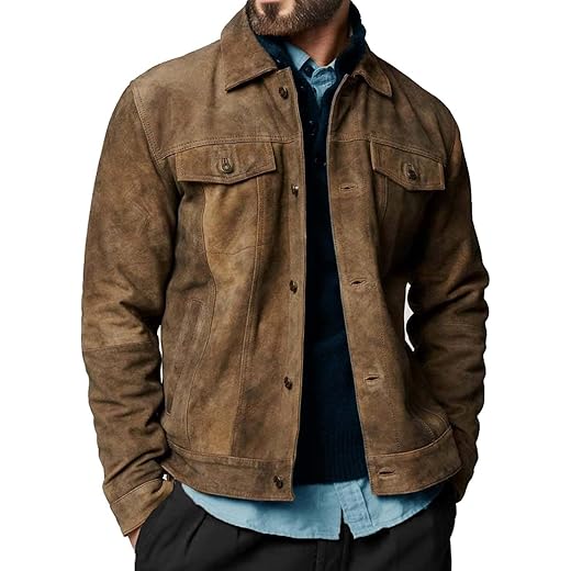 Jaqueta masculina de couro de camurça, camurça de cordeiro, casual, para homens, casaco de caminhoneiro masculino