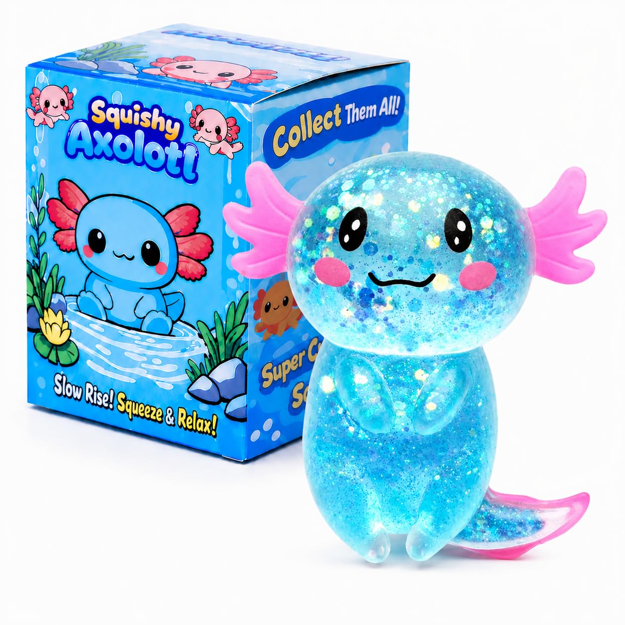 Axolotl Squishy Stress Ball, Soft TPR Slow Rising Squeeze Toy, Cute Axolotl Fidget Toy for Stress Relief, Anxiety Calming Sensory Toy for Kids Adults(Blue Long tail Axolotl)