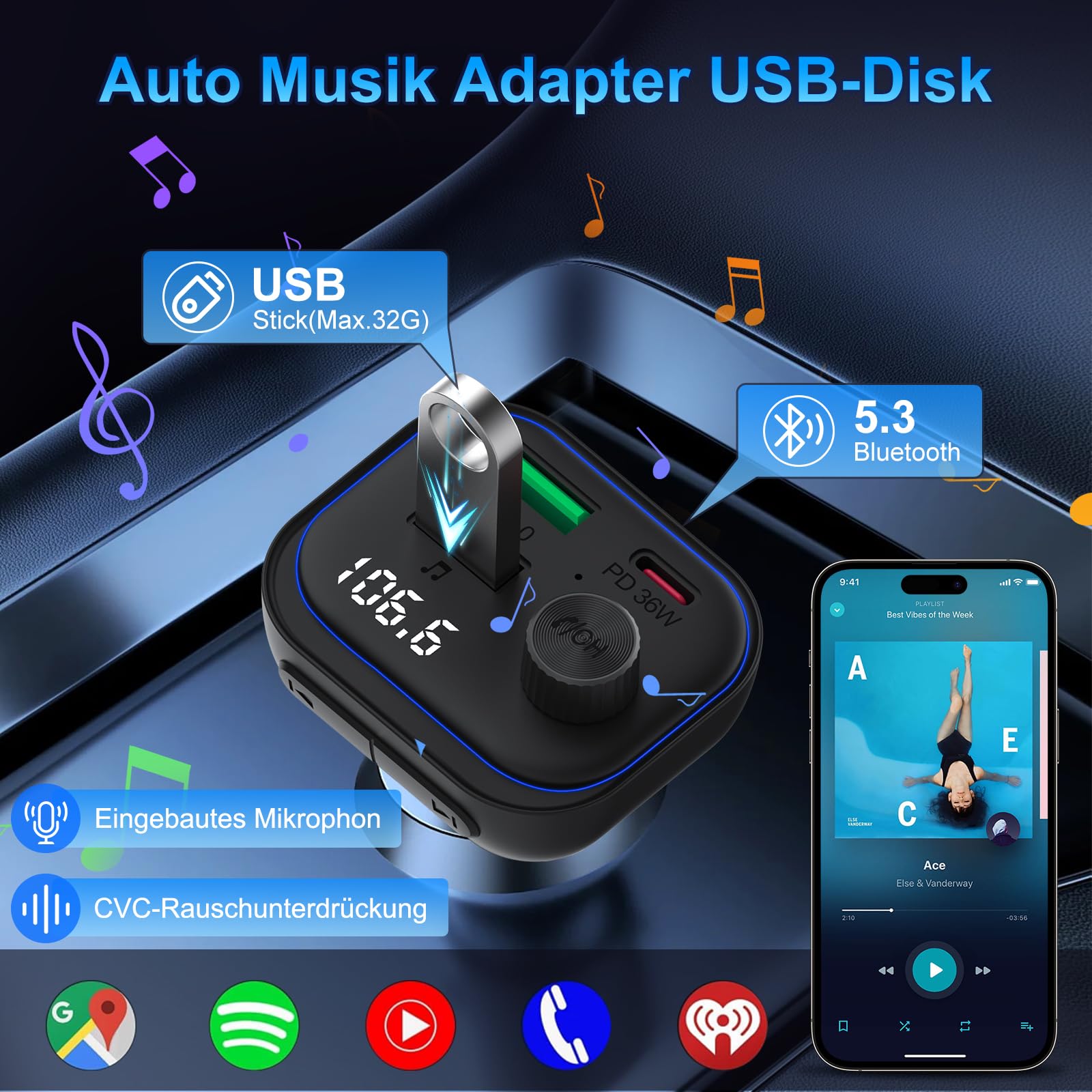 Bluetooth samochodowy nadajnik FM, adapter Bluetooth do zapalniczki samochodowej PD 36 W USB C, QC3.0 18 W, szybka ładowarka BT 5.3, HiFi, odtwarzacz muzyki, radio, zestaw głośnomówiący, obsługuje