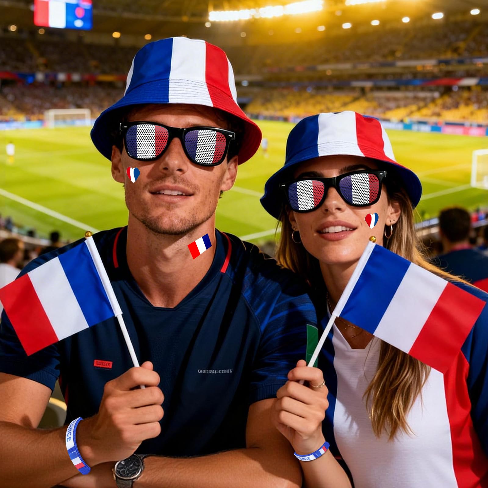 Kit Supporter France 8 Pièces Accessoires Tricolores Chapeau Lunettes Drapeaux Bracelet Autocollants Bleu Blanc Rouge Maillot Equipe De France Foot 2026