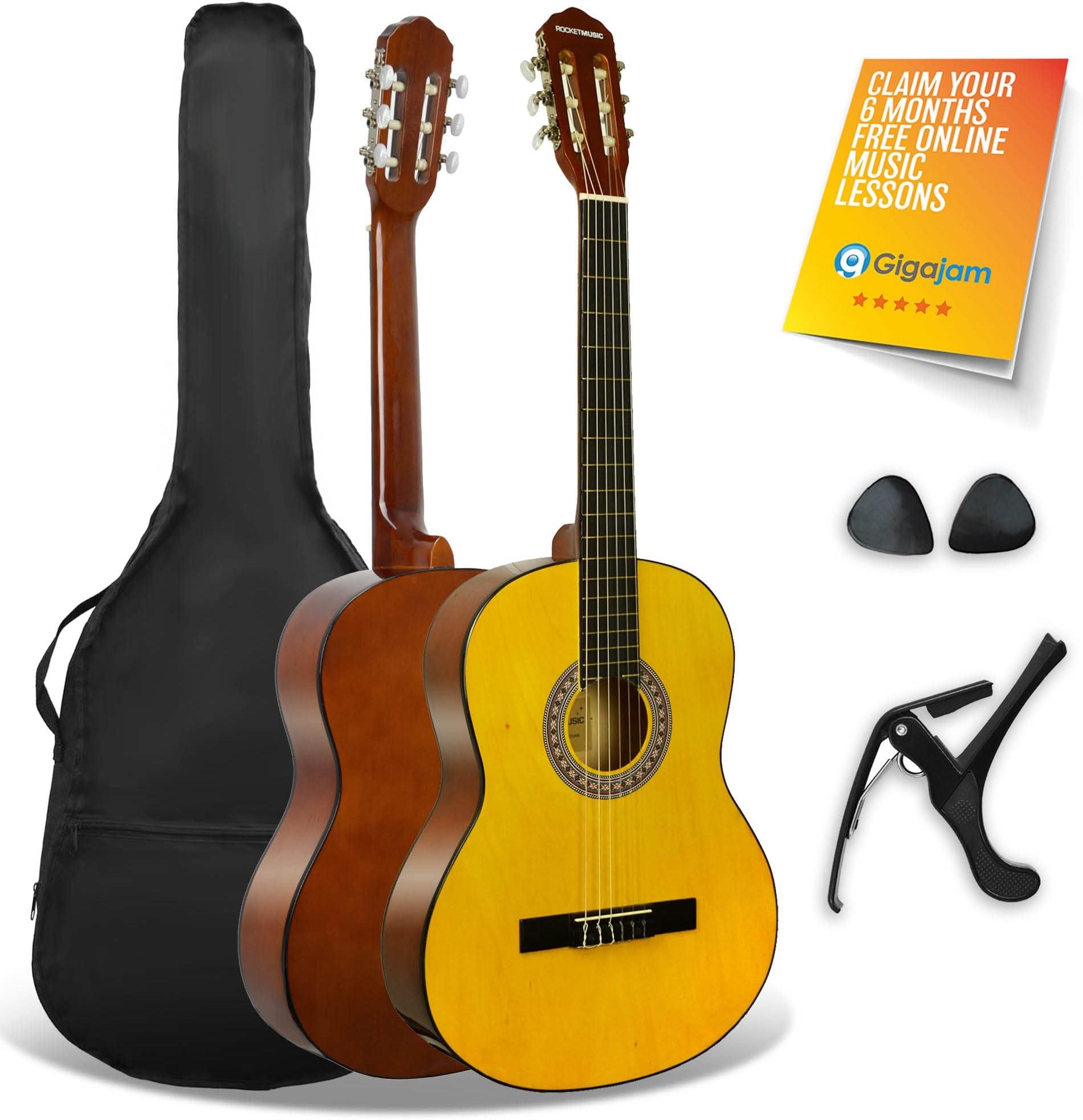 XF Full Size 4/4 Classical Spanish Starter Beginner Pack Acoustic Guitar with Nylon Strings, Gig Bag, Capo and Picks – Natural