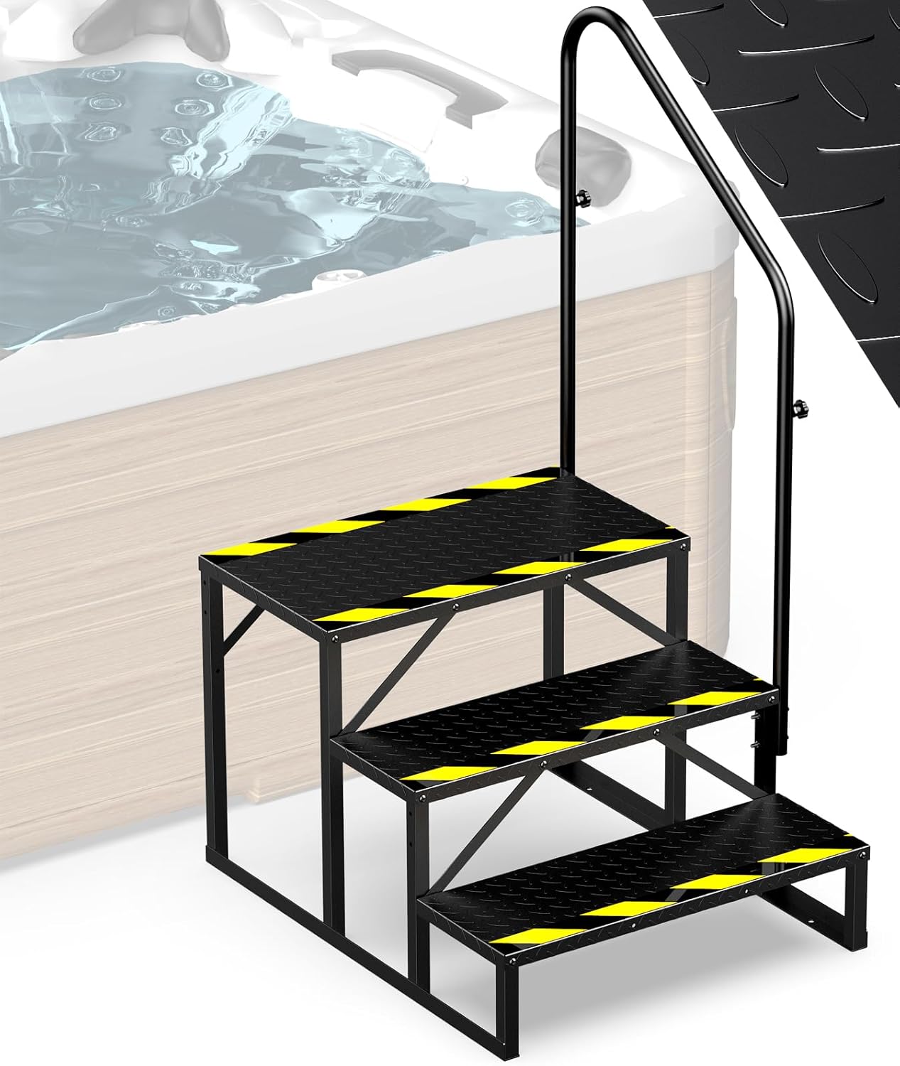 Hot Tub Steps with Handrail, Premium RV Steps with Anti-Slip Diamond Plate, 3 Step RV Stairs for RV, Camper, or Travel Trailer