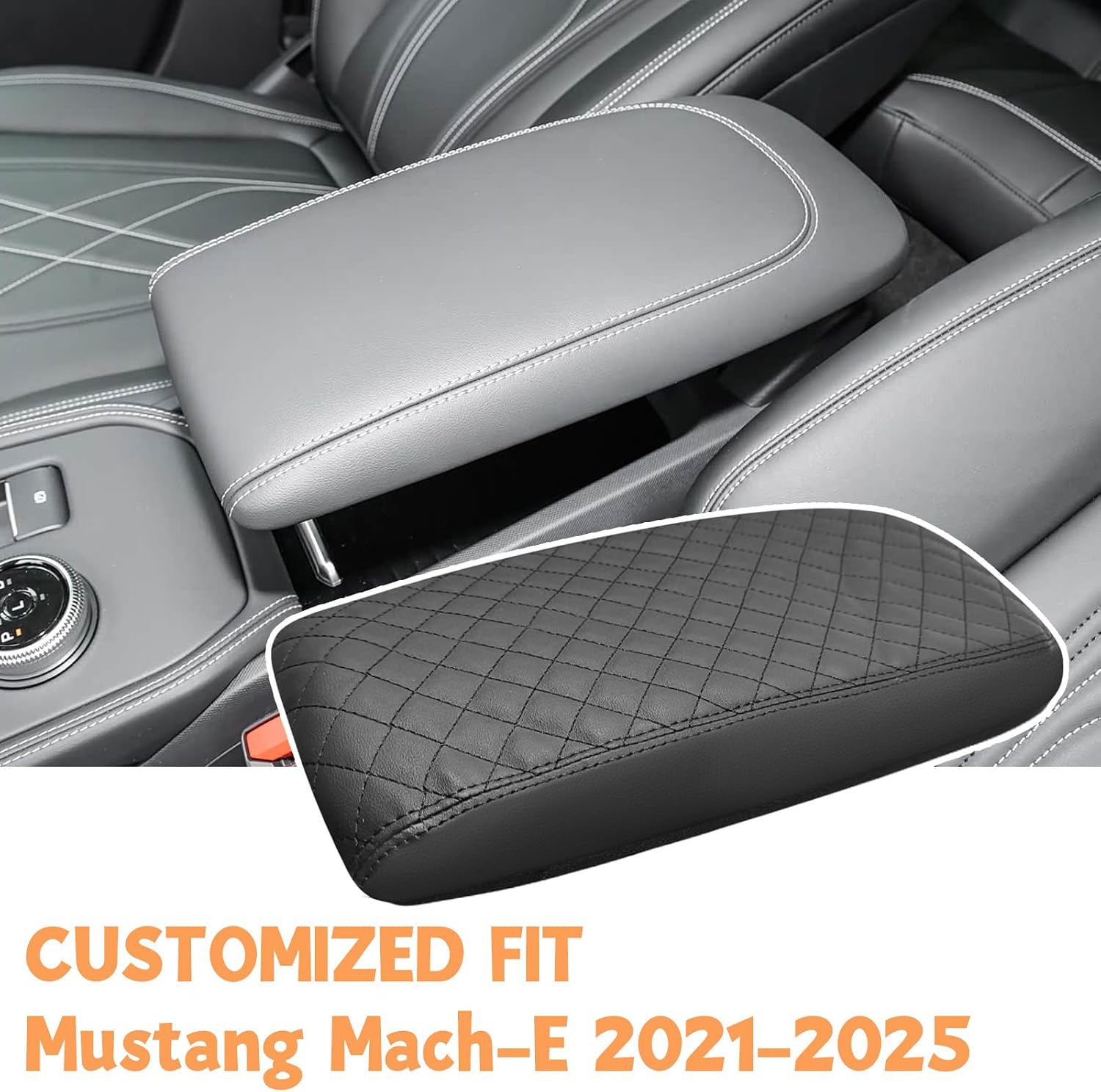 Center Console Cover Compatible with Ford Mustang Mach E 2021-2025, Leather Armrest Cover Lid Protector, Elbow Arm Rest Covering, Anti-Scratch, Black