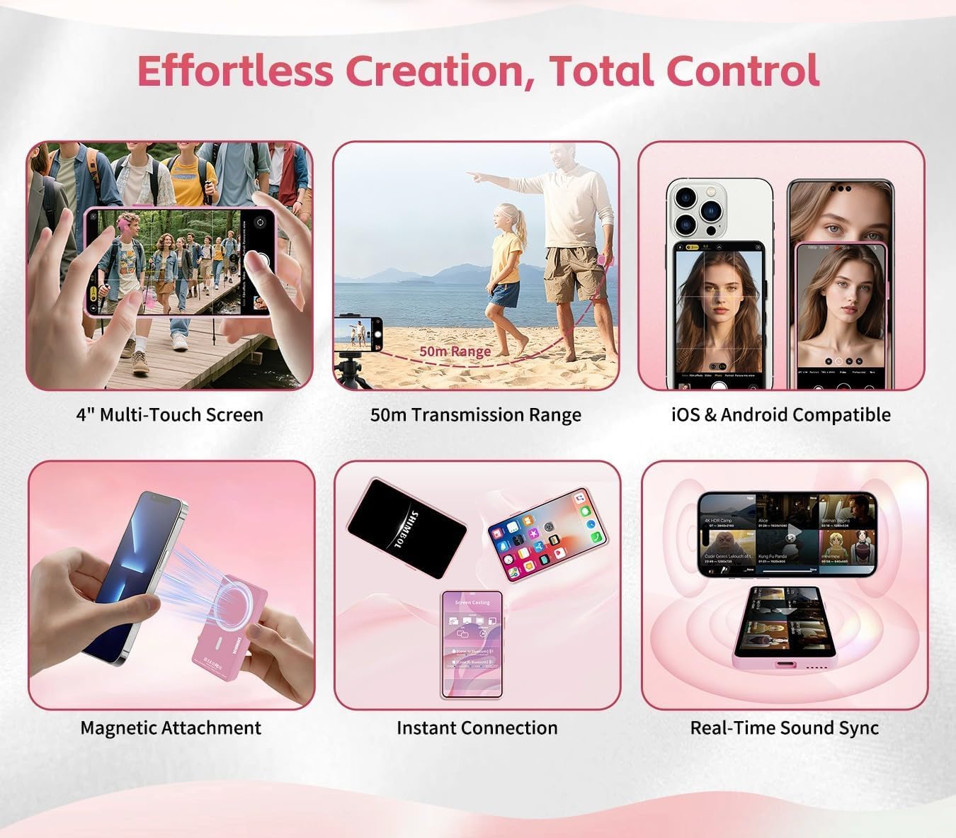 P4 Selfie Monitor Screen for iPhone & Android, Magnetic Back Camera Vlog Touchscreen Monitor, 1080P&4k Wireless Recording for YouTube TikTok Live Streaming (Black)