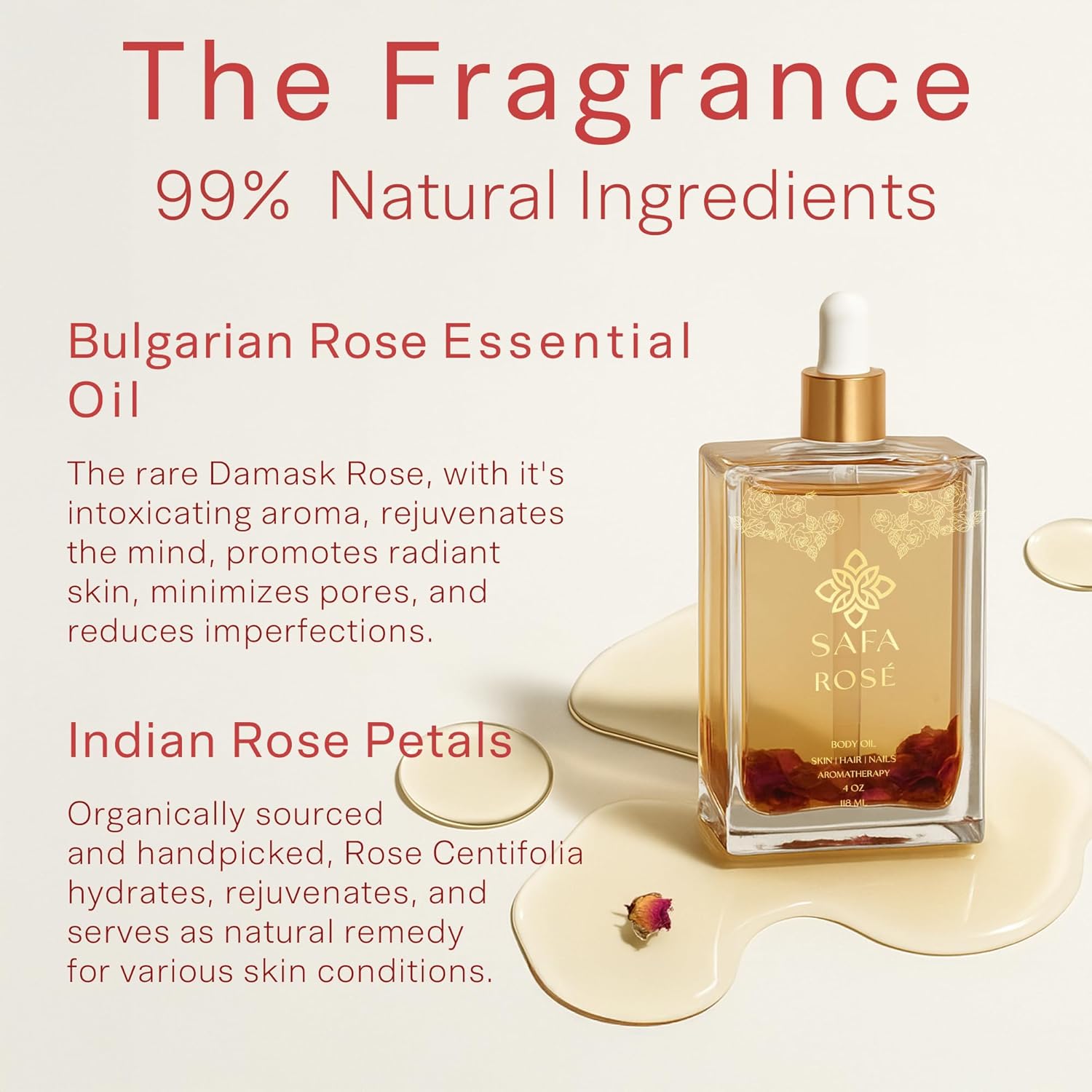 SAFA Rosé Oil - Organic Rose Essential Oil for Face, Body, Hair, Nails & Aromatherapy | After Shower Body Oil | Skin Moisturizer - Natural Scented Perfume for Women - 4 Fl Oz - Image 2