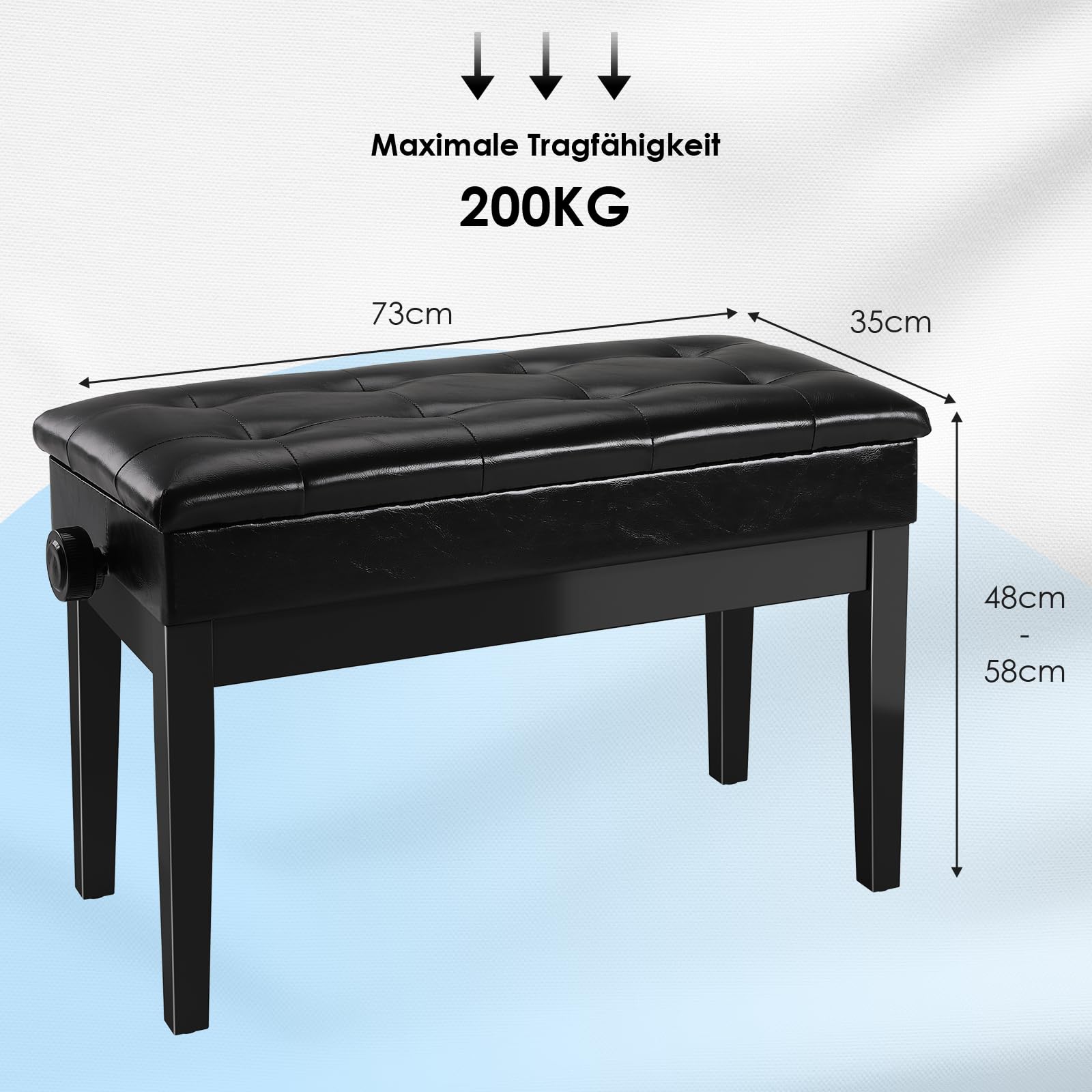 MAMIZO Tabouret Piano Réglable en Hauteur 48-58 CM, Siege Piano 2 Personne avec Rangement,Banc Piano avec Coussin en Cuir PU,Tabouret de Piano Max 200KG,4 PCS Pied de Tabouret en Bois Massif, Noir