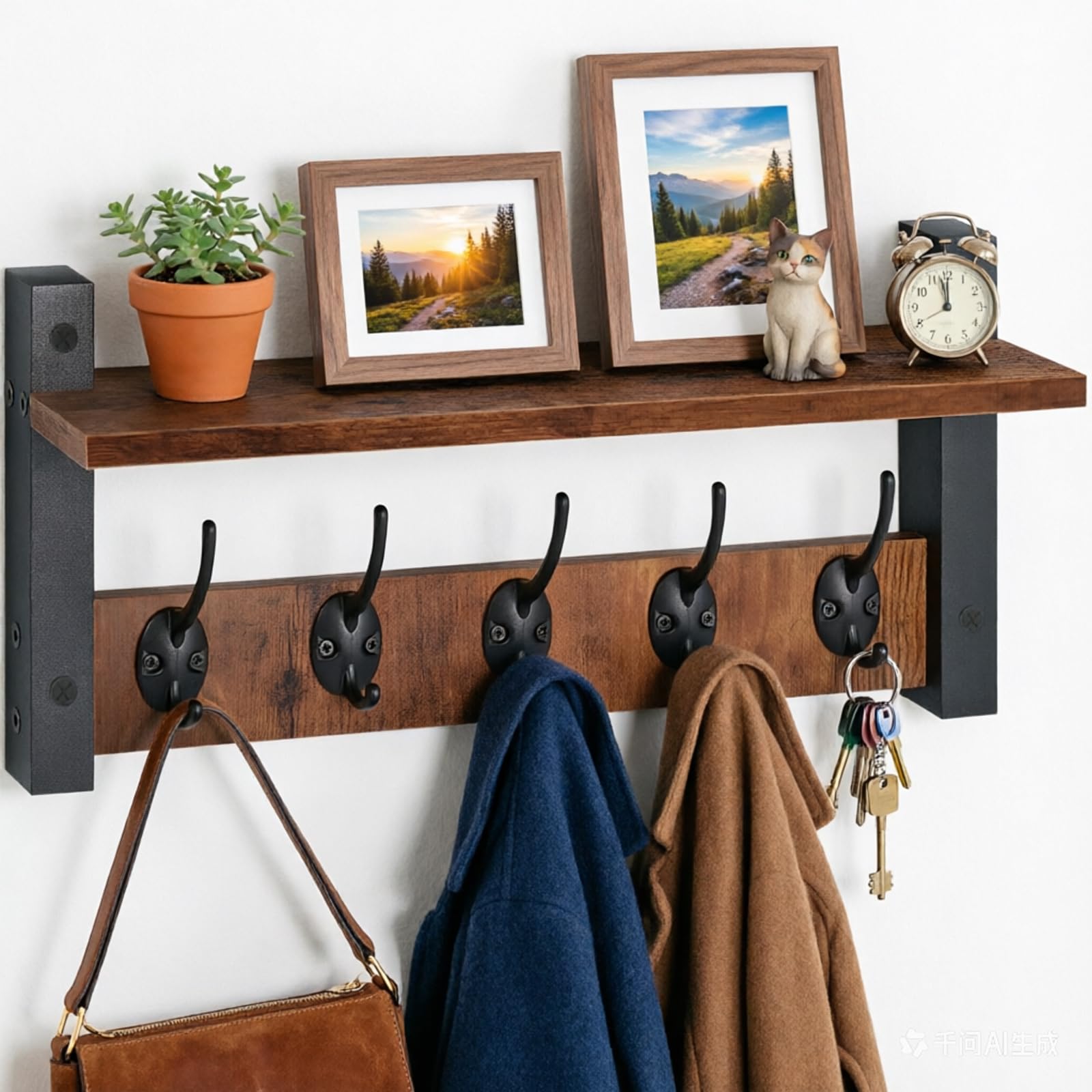 Wandgarderobe mit Ablage, Holz Wandregal mit 5 Metall Haken | Wandmontierter Garderobenleiste mit Aufbewahrungsregal, 40 cm Garderobe für Eingang, Schlafzimmer, Wohnzimmer, Flur
