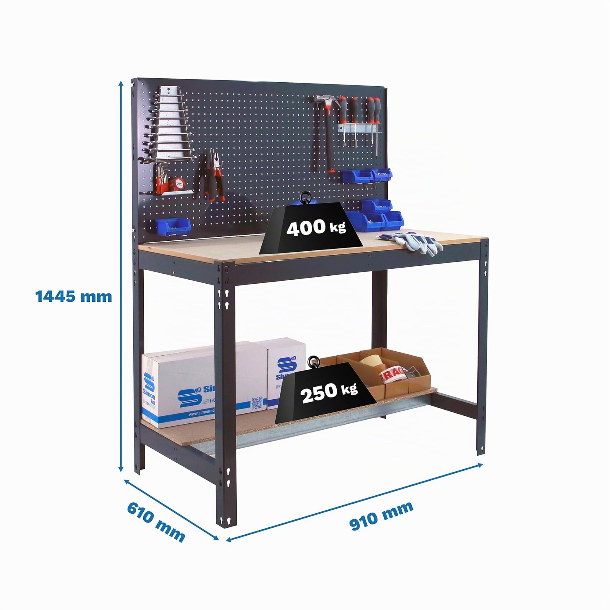 Simon Rack Banco da lavoro per officina, capacità di carico 400 kg, 1445x910x610 mm, Pannello Forato, Tavolo da lavoro fai da te, Antracite/Legno - BT2