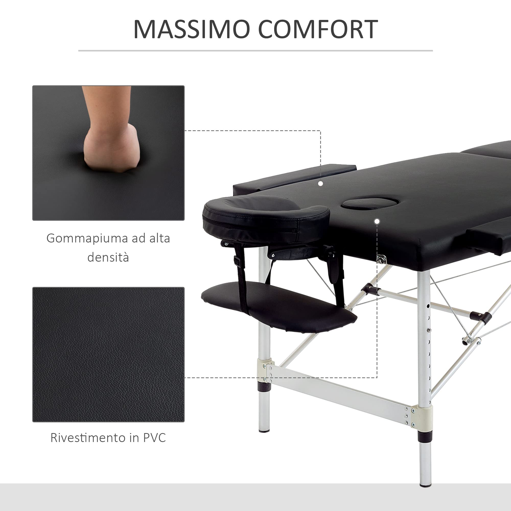 HOMCOM Lettino Massaggio Pieghevole Professionale, Lettino per Massaggio con Altezza Regolabile e Borsa di Trasporto per Estetista e Terapista, Nero
