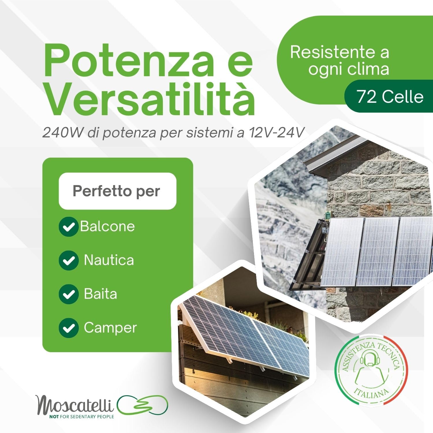 MOSCATELLI Pannello Solare 240W per Batterie 12V-24V - Fotovoltaico da Balcone con Celle Monocristalline PERC 10BB ad Alta Efficienza – Tensione 42V e Massima Resa Energetica