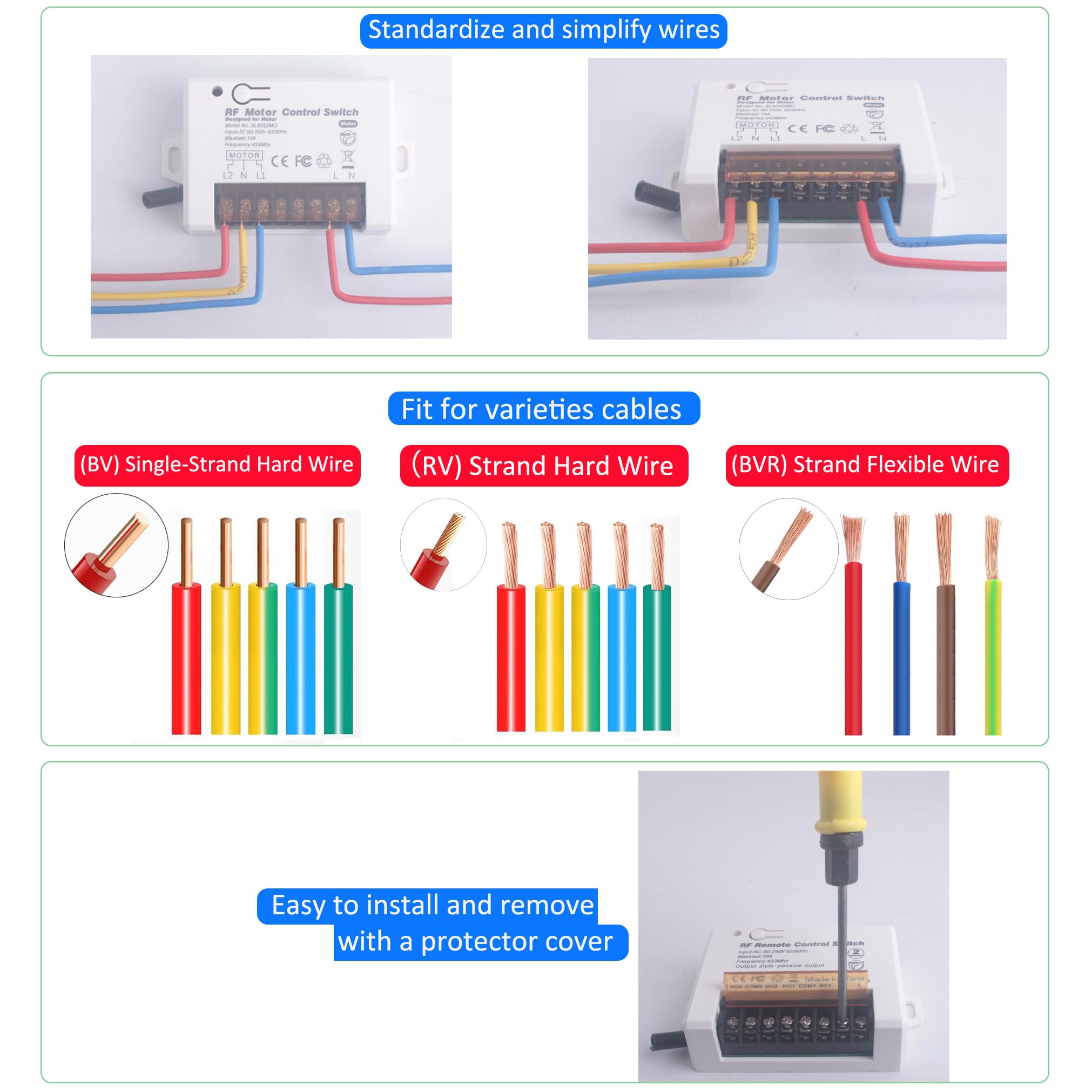 Interrupteur de télécommande de moteur à courant alternatif, interrupteur de relais sans fil 110V 220V 250V 10A pour le déplacement du moteur vers l’avant et vers l’arrière (2 * contrôleur 433 Mhz)