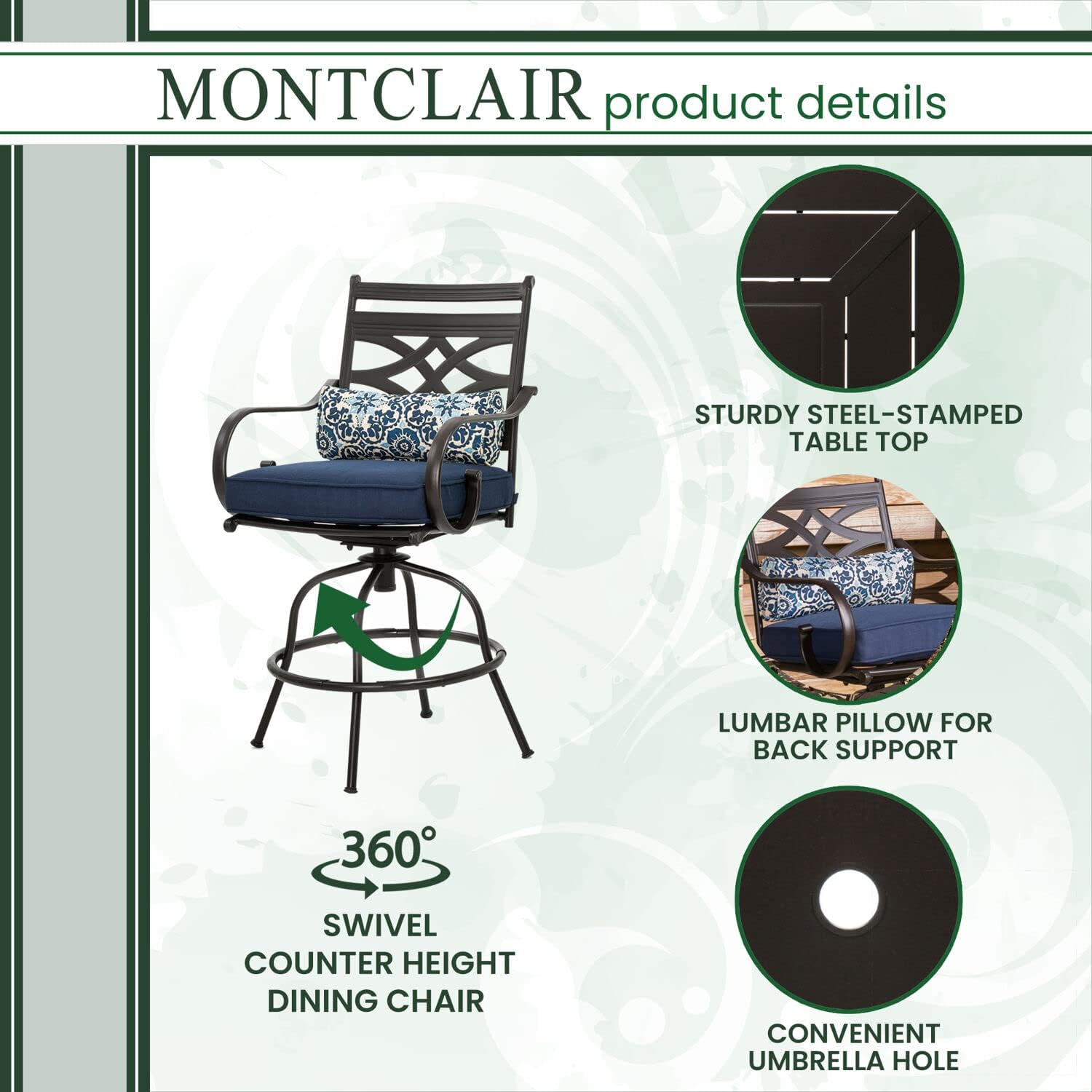 Hanover High Navy 33-Inch Montclair 3-Piece Outdoor Patio Dining Set Blue Cushions, 2 Swivel Chair, Stamped Steel Square Counter-Height Table : Patio, Lawn & Garden