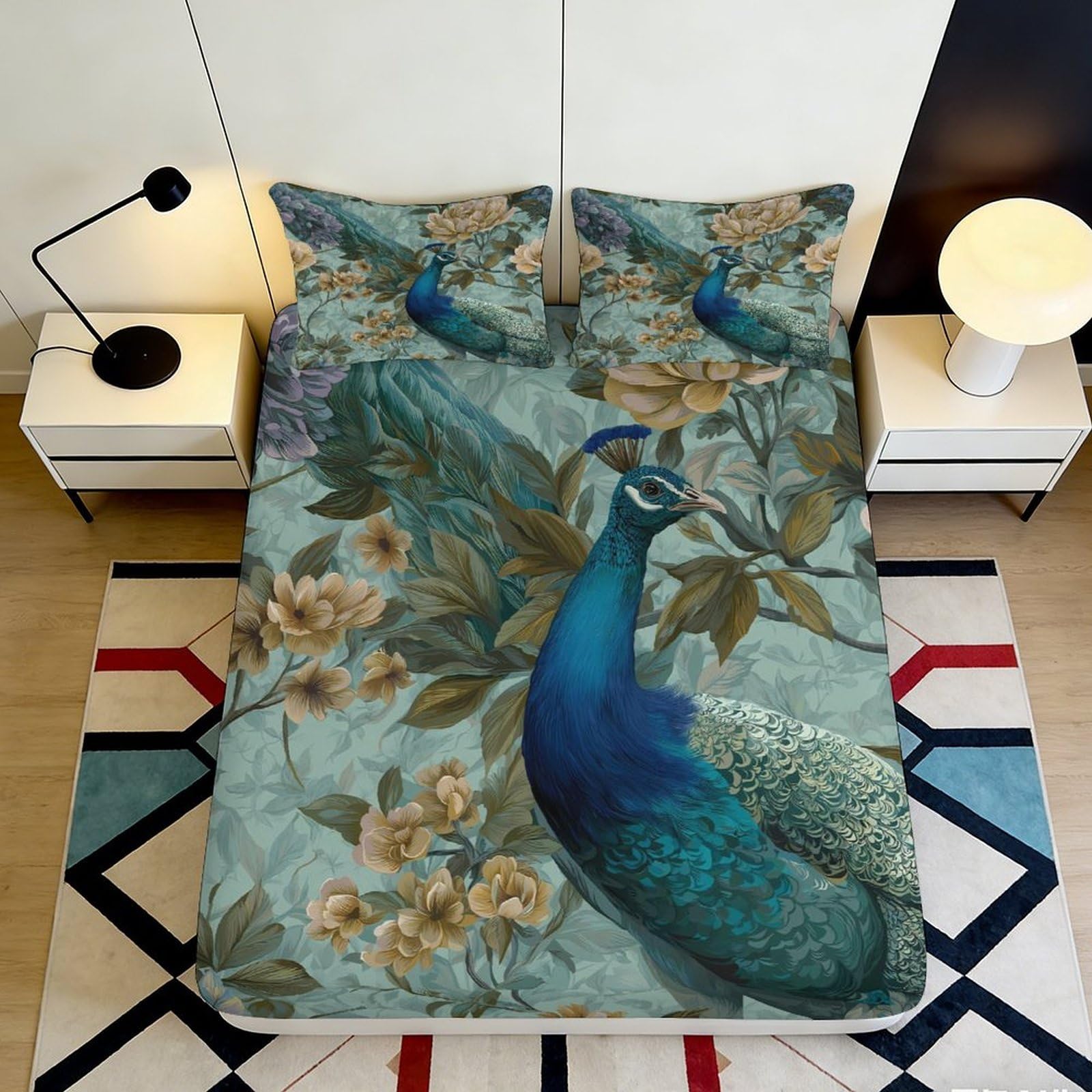 3D Printed Peacock Garden Fitted Sheet Microfiber Soft Blue Floral Mattress Cover for Bedroom Dorm Decor 90x200x25cm