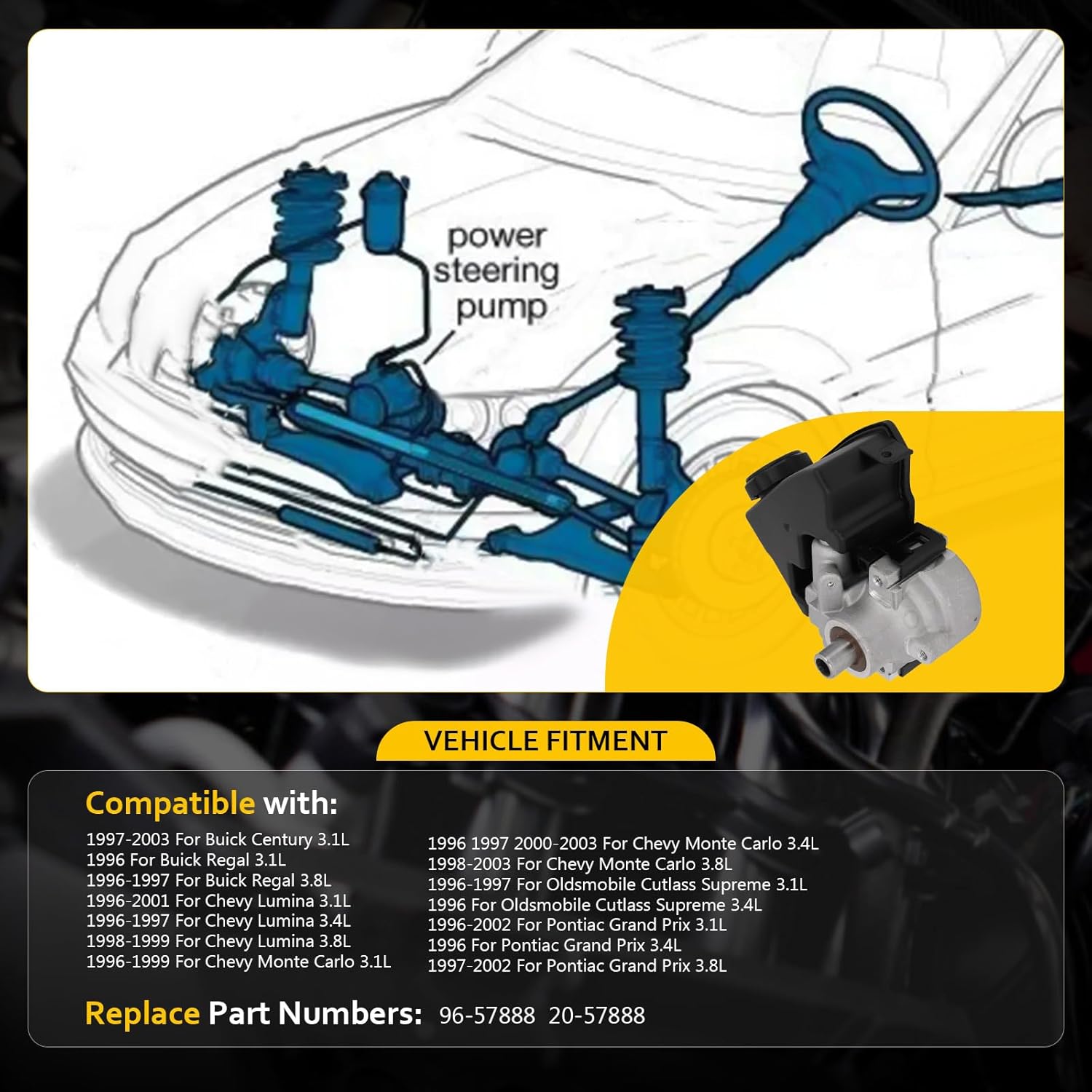 OCPTY Power Steering Pump Compatible with 1997-2003 For Buick Century 3.1L 1996 For Buick Regal 3.1L 1996-1997 For Buick Regal 3.8L 1996-2001 For Chevy Lumina 3.1L 20-57888 Power Assist Pump
