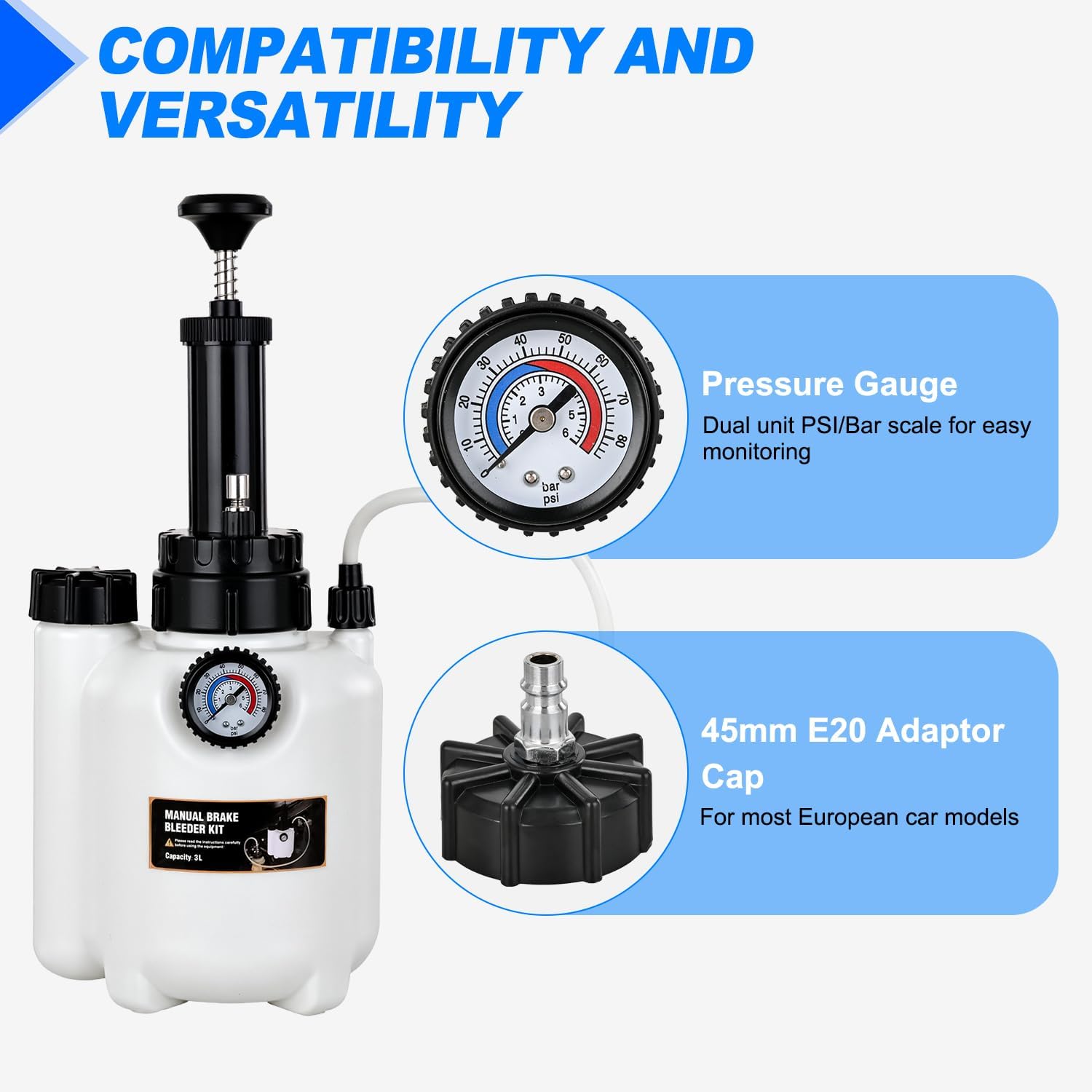 GOOACC Brake Bleeder Kit 3L Manual Brake Bleeder Vacuum Pump Brake Clutch Pressure Bleeder Flush Kit with 3L Fluid Extractor 1L Refilling Bottle E20 Master Cylinder Adapter Brake System Bleeding Tool