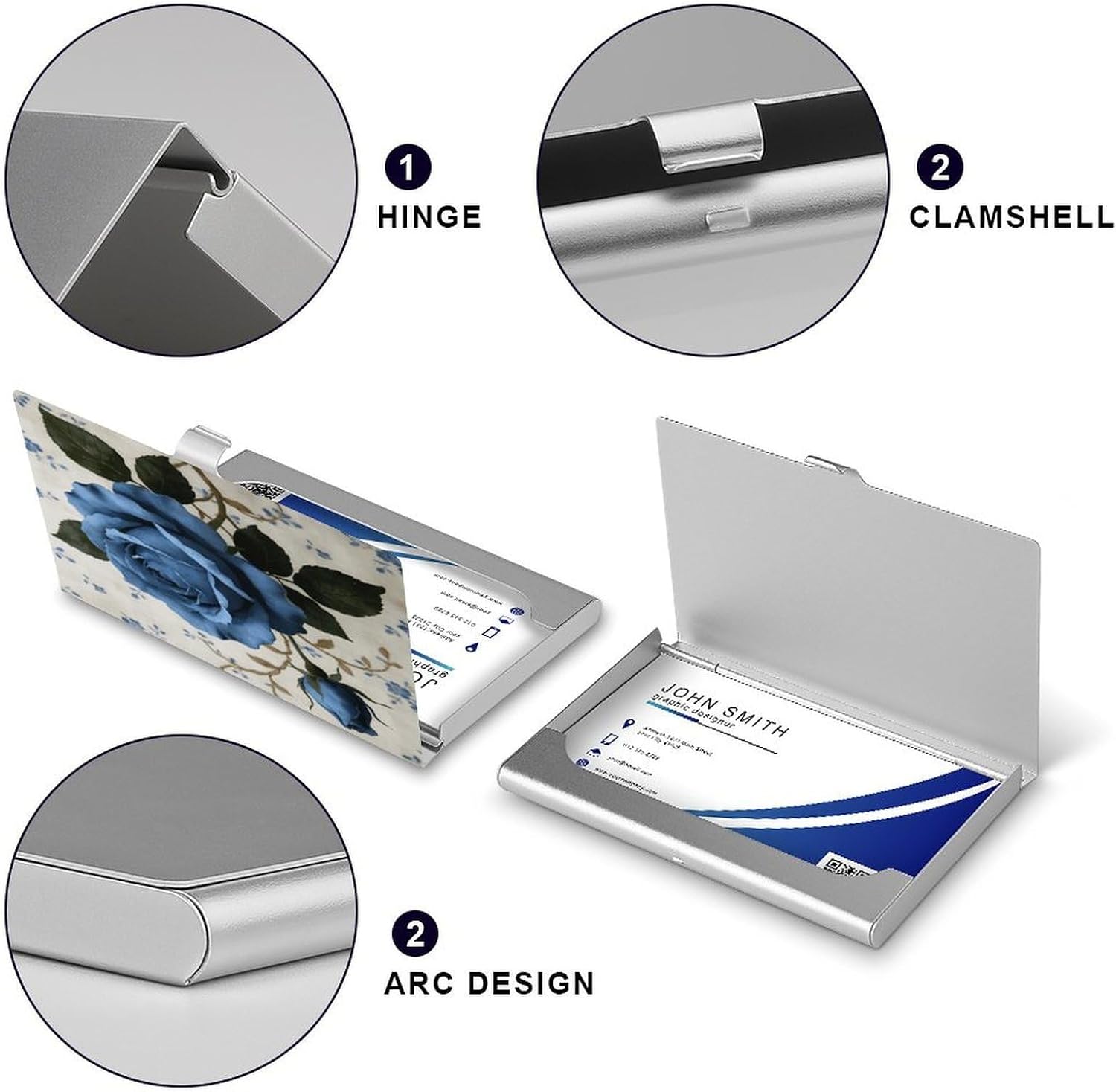 Personalized Rustic Blue Floral Business Card Case Ultra-Thin Aluminum Alloy Business Card Holders with Buckle Style Shut Lightweight Business Card Wallet for Men Women