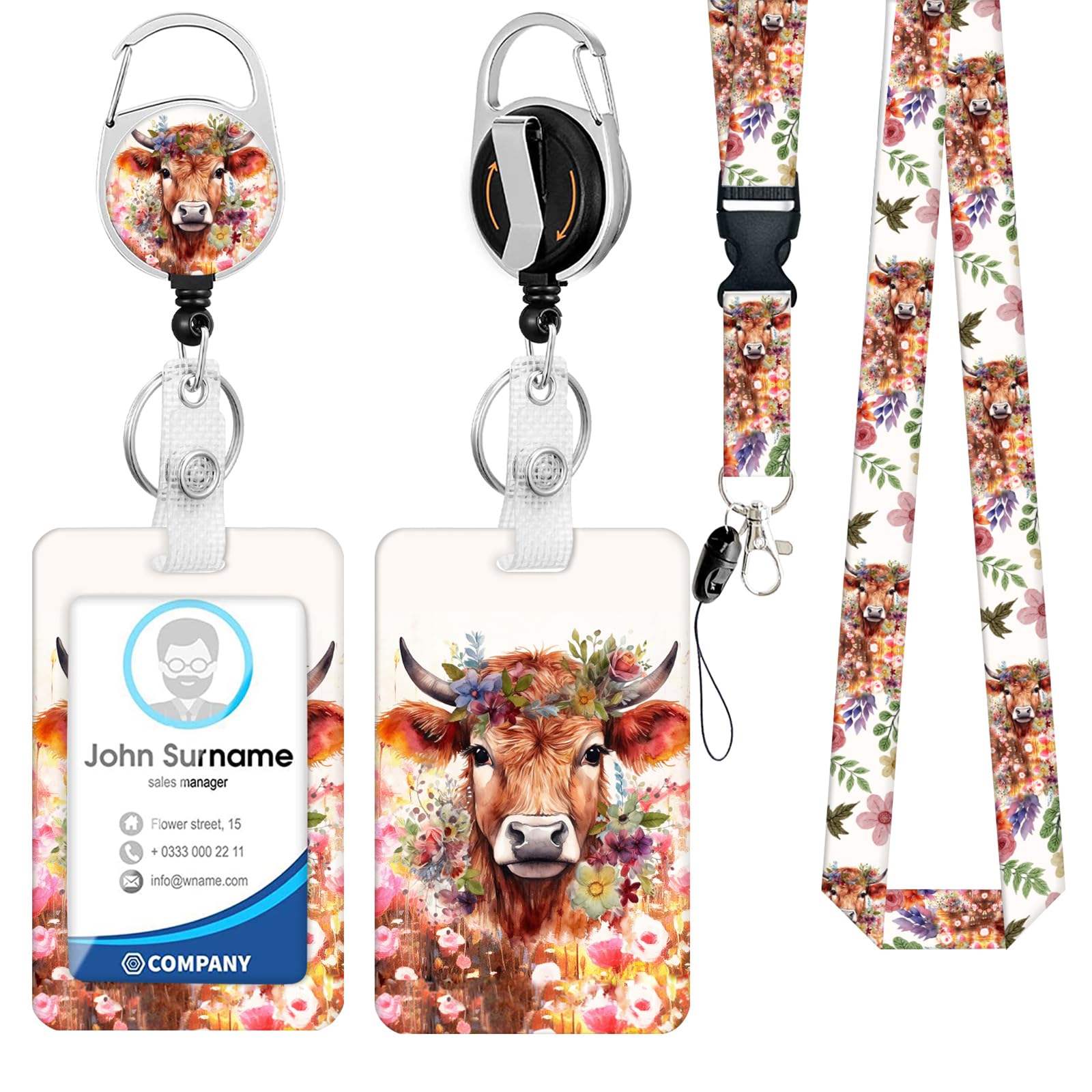 Highland Cow Lanyards for ID Badges, Funny ID Badge Holder with Breakaway Lanyard Retractable Badge Reel, ID Card Holder Keychain Name Badge Clip for