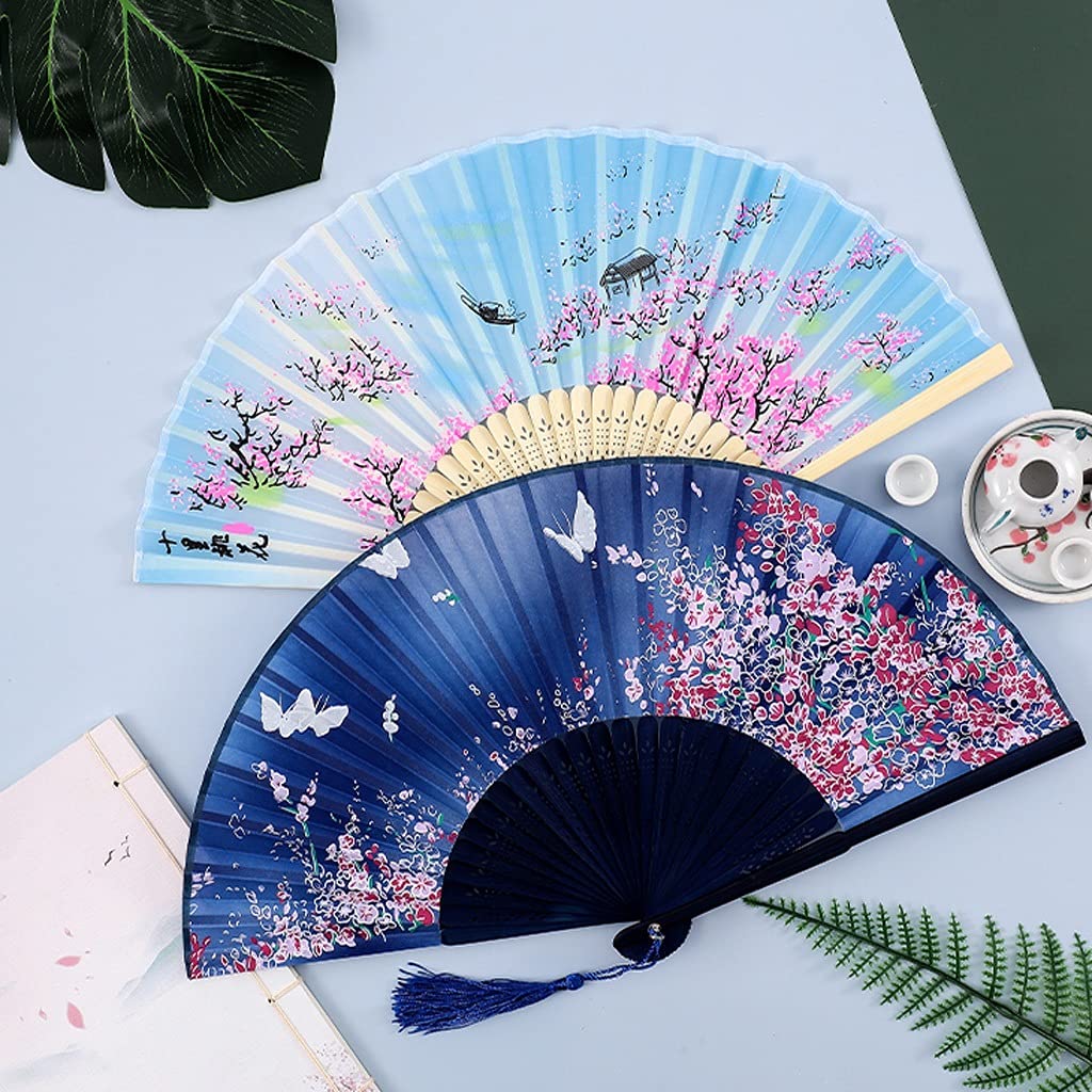 Abanico de mano Plegable Paquete de 2 Abanicos de mano con borlas, Abanico plegable de estilo antiguo Hanfu, Abanico de bambú pequeño plegable portátil Abanico plegable de mano chino (Color : E) (F)