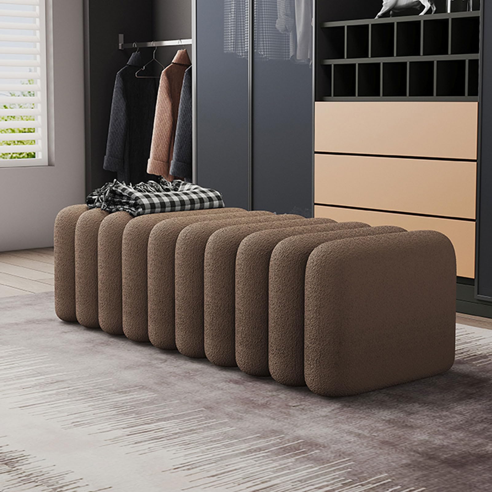 OIFAODAO Velvet Ottoman Bench Bedroom Upholstered End of Bed Footrest(Curry,80X37X36cm)