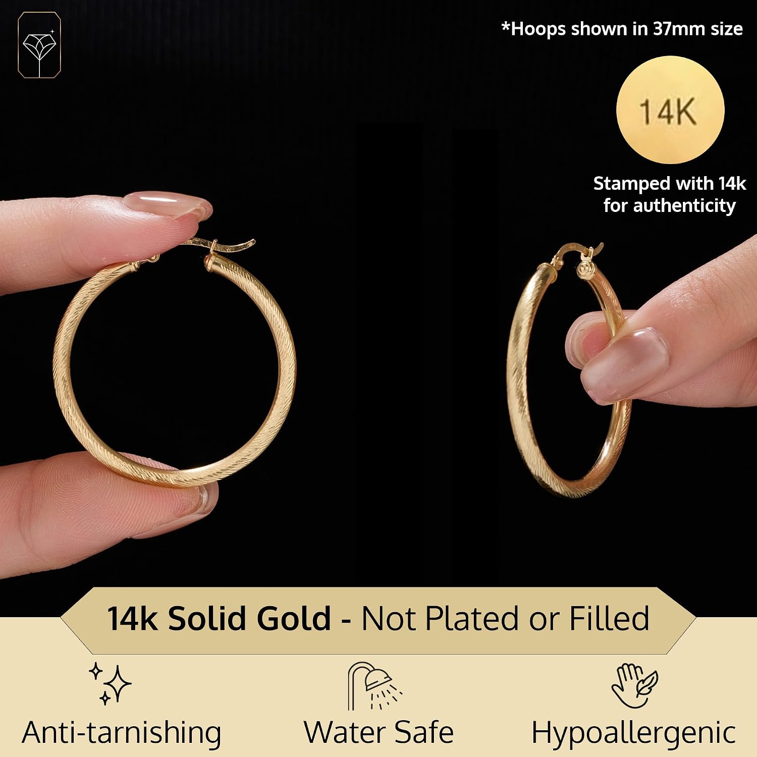 Solid 14K Diamond Cut Gold Hoop Earrings for Women | Hypoallergenic & Anti-Tarnishing Hoops with Click Tops | 14kt Real Gold Hoop Earrings in Sizes 25mm, 30mm and 37mm by MAX + STONE