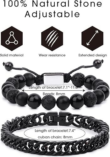 Miniatura 71 de Black Beaded Bracelets for Men Boys: 6mm Obsidian Onyx Lava Beads Mens Bracelet Set Mens Jewelry - Cool Anniversary Valentines Fathers Birthday