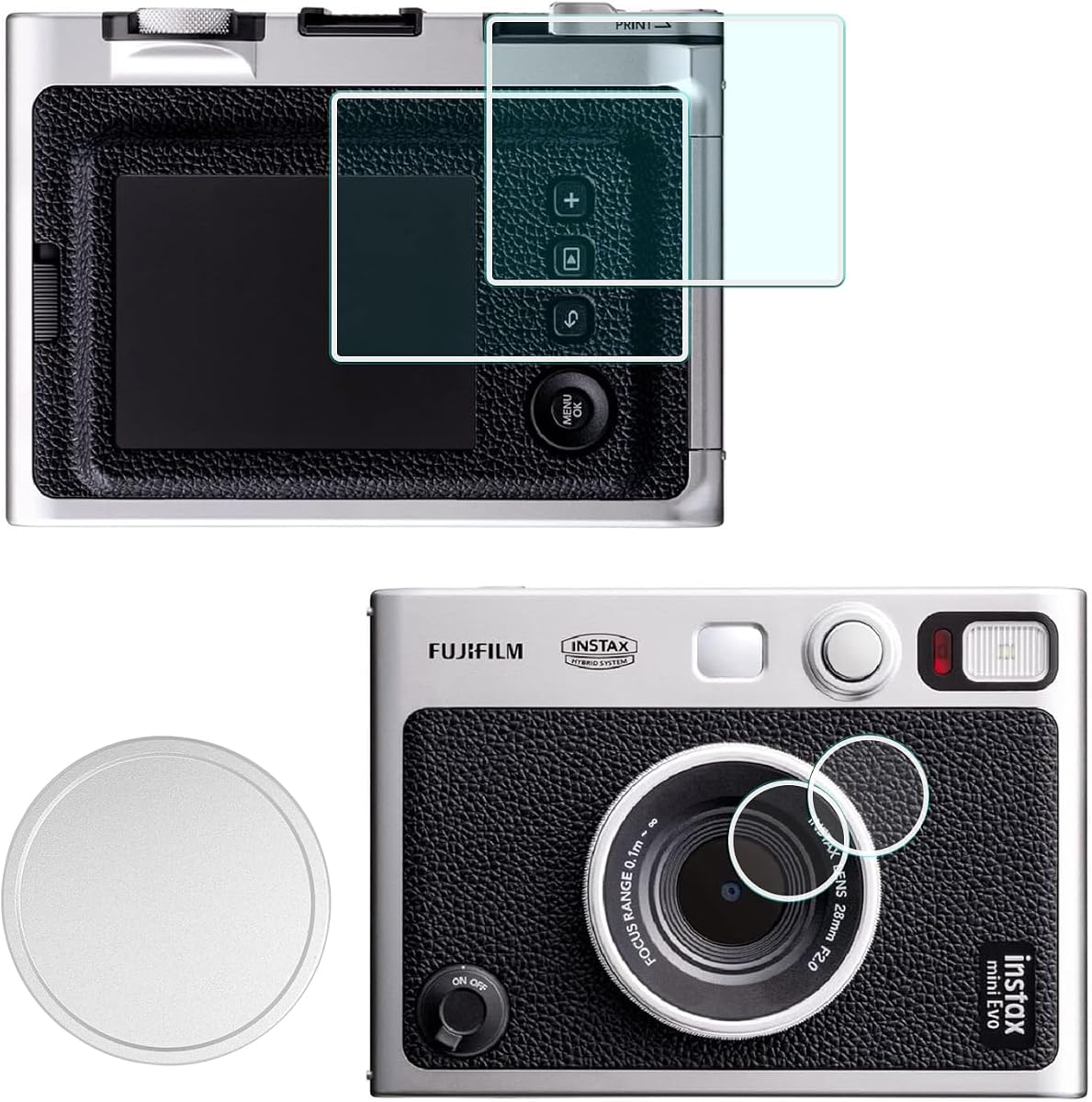 Lens Cap + Screen Protector for Fujifilm Instax Mini EVO Instant Camera | (for Accessories),LCD + Lens PET Flim+Aluminum Mini Fuji Evo Lens Cover with Flocking Internal