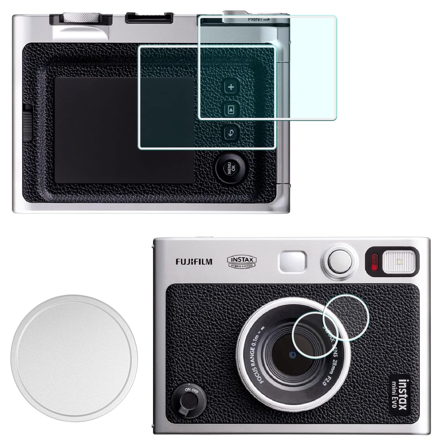 Copriobiettivo + Protezione Schermo Per Fujifilm Instax Mini Evo – Vetro PET 9H E Tappo In Alluminio Con Floccaggio Interno, Trasparente E Anti-graffio (bianco)