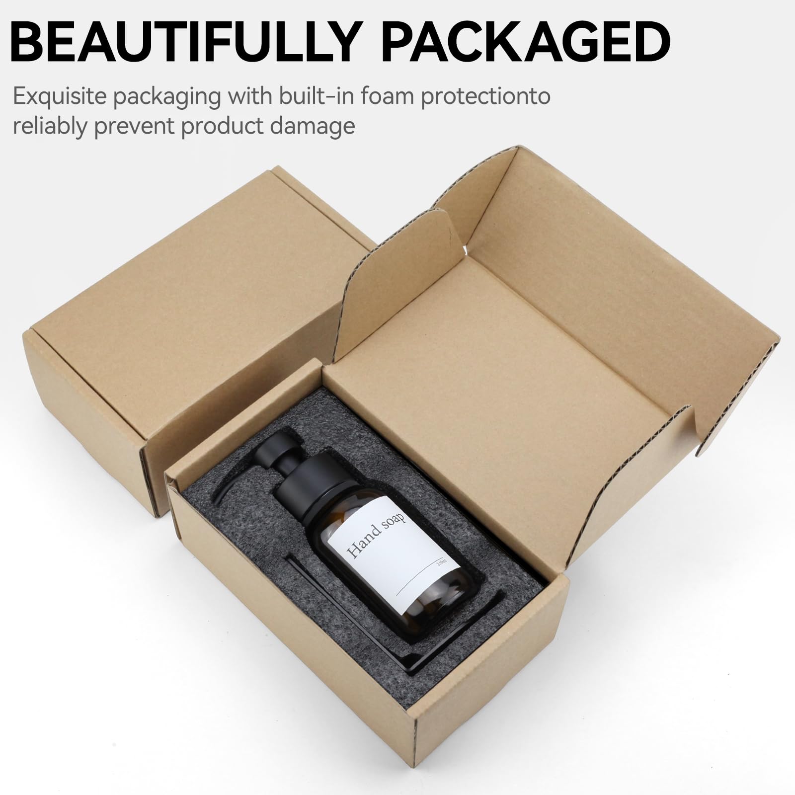 Confezione da 2 dispenser di sapone in vetro con montaggio a parete, autoadesivo, dispenser a pompa in acciaio inox per sapone liquido, senza fori, 250 ml (ambra/nero)