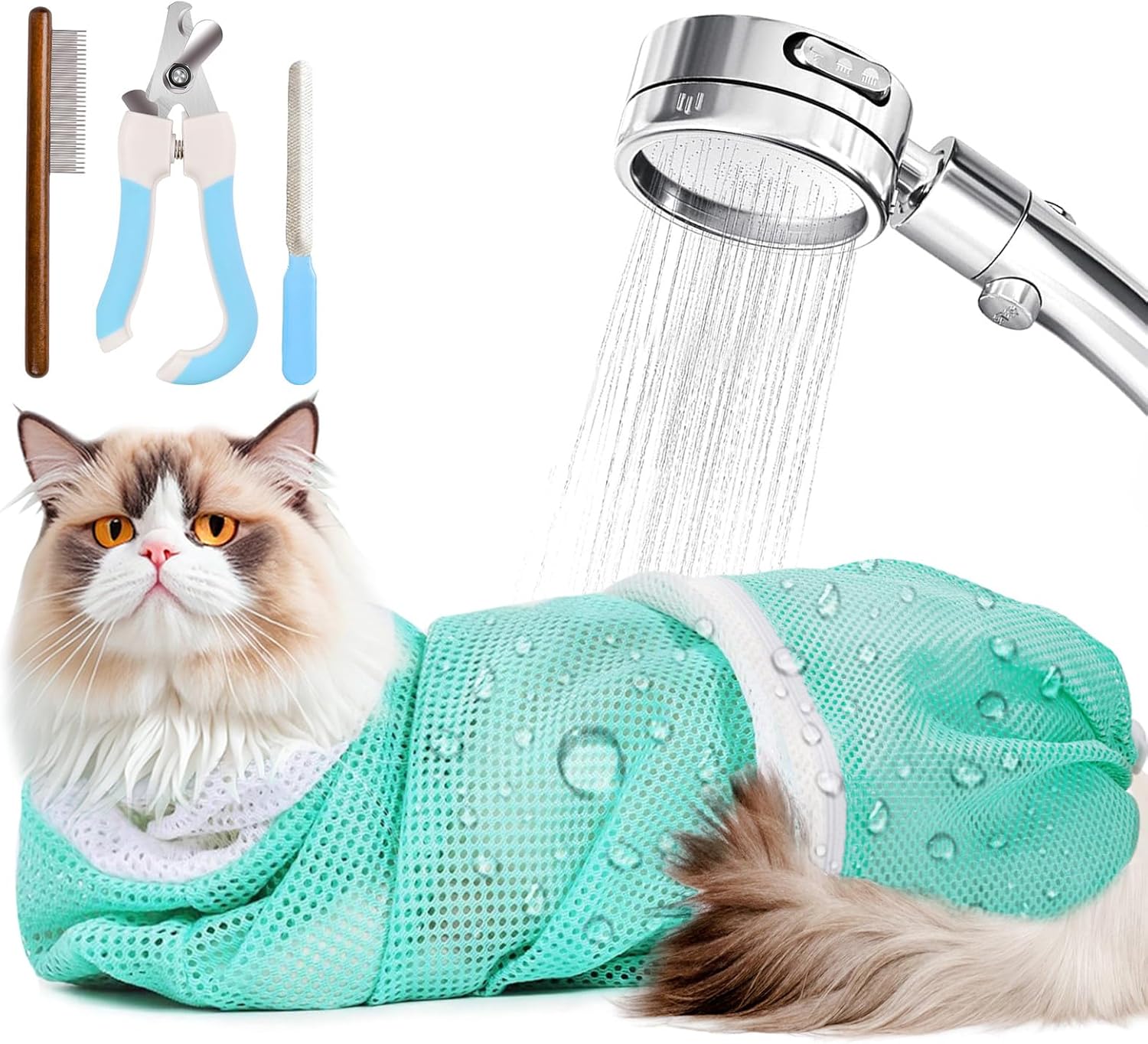 Cat Bathing Bag – Adjustable Soft & Durable Cat Grooming Washing Bag with Anti-Scratch & Anti-Bite Design for Safe Bathing,Includes Pet Nail Clipper, Nail File, and Cat Shell Comb