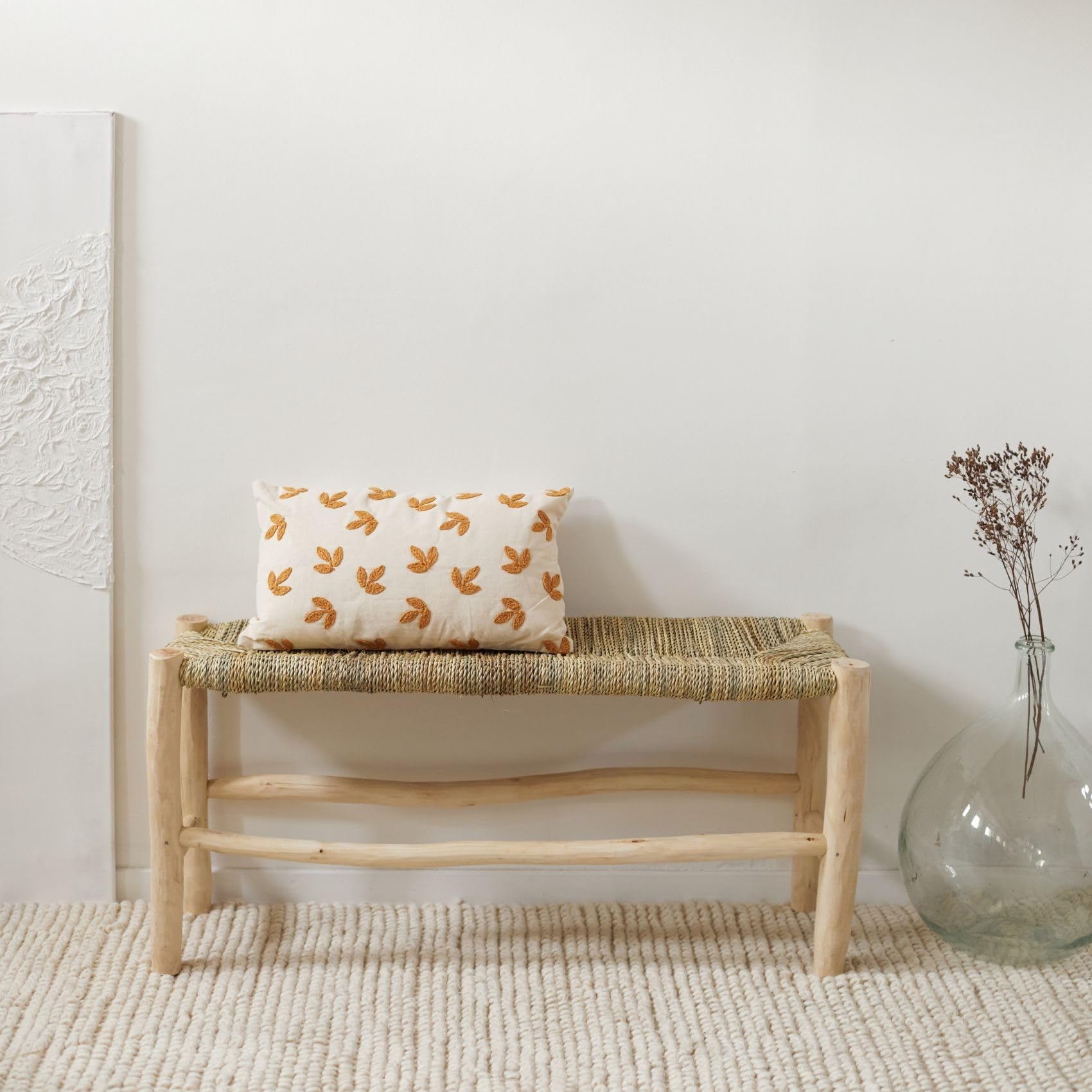 Homemaison – Banco marroquí de doble trenzado central de madera natural, 35 x 100
