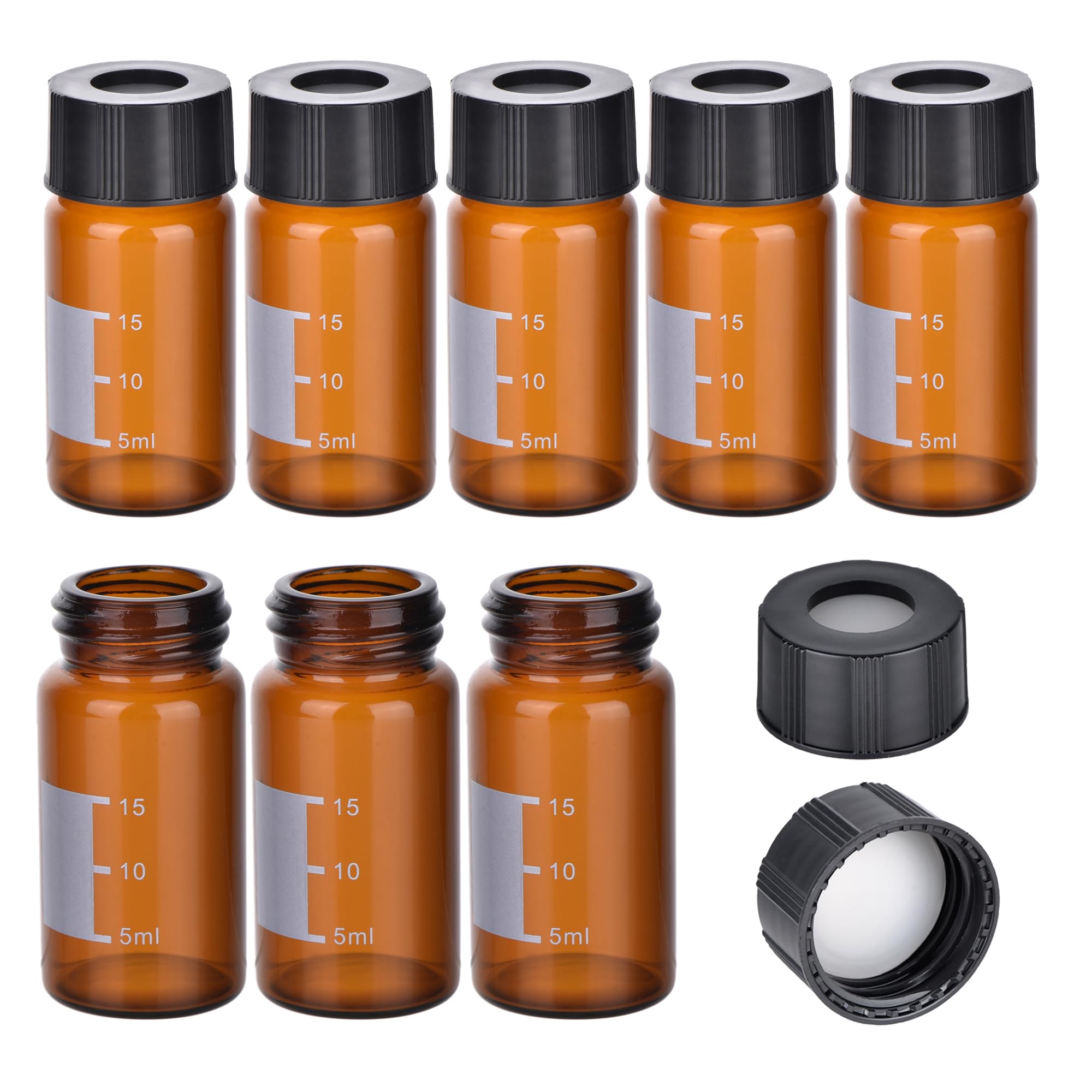 ESHATO Vial de muestreo automático de 20 ml, paquete de 100 viales HPLC/GC 9-425 viales ámbar de laboratorio, viales de muestra, tapón de rosca, parche de escritura de PTFE blanco y septa de silicona