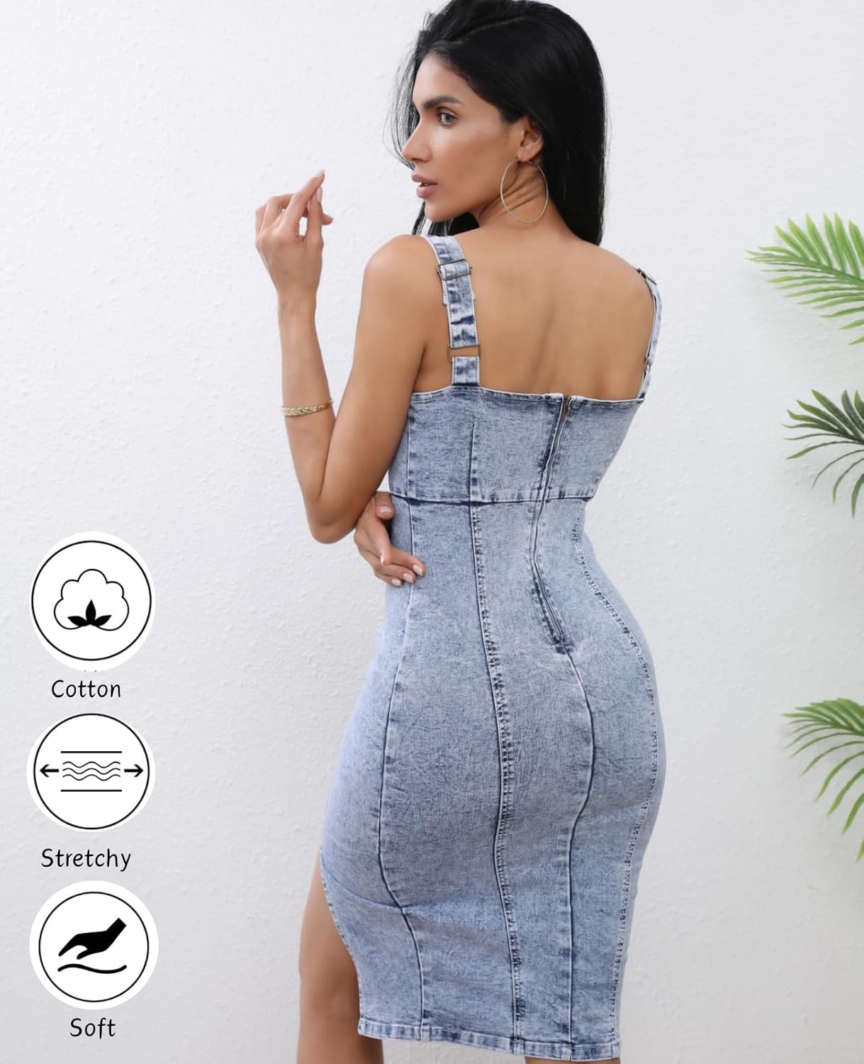 2025Women's Denim Dress Sleeveless Side Slit Bodycon Midi Jean Dress Stretchy Sexy V Neck Summer Dresses for Women - Image 4