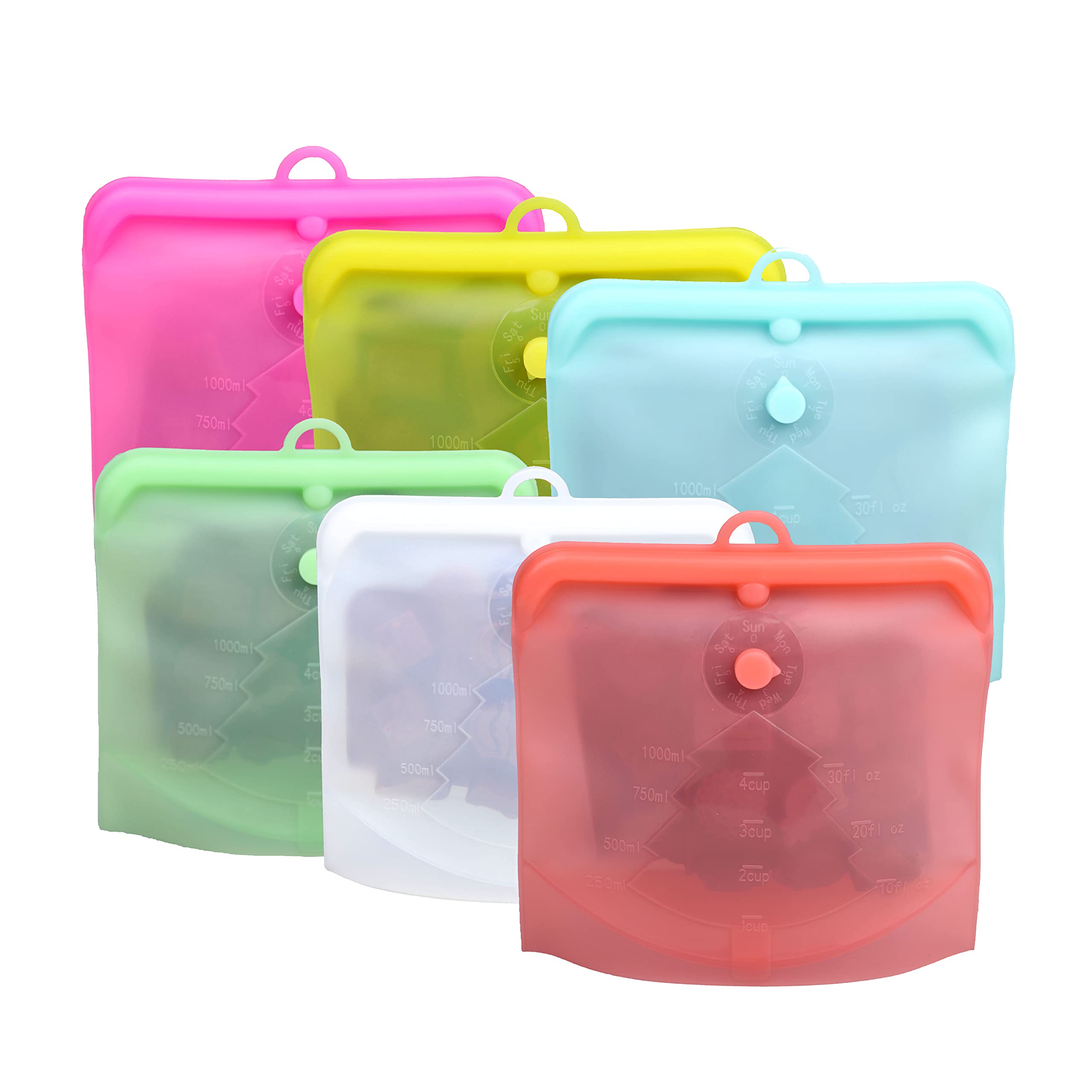 Reusable Silicone Storage Bag with Day of the Week Organzier, Six colours with Medium size, White + Blue + Green + Purple + Red + Yellow, Self-standing, A hook for easy hanging
