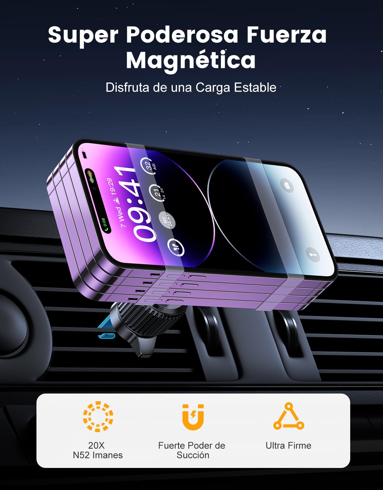 EOIWUY Cargador Inalambrico Coche Compatible con MagSafe, [Autoalineación] 15W Carga Rápida Soporte Movil Coche Magnético para Salida de Aire Compatible con iPhone 17/16/15/14/13/12 Series