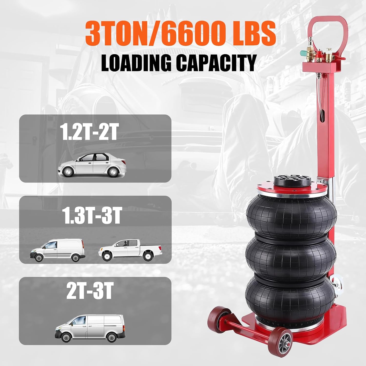 Air Jack, 3 Ton/6600 lbs Air Jack, Portable Pneumatic Jack with Long Hand, Lift up to 15.7", 3-6 s Fast Lifting Pneumatic Jack, with Adjustable Long Handles for Cars, Garages, Repair