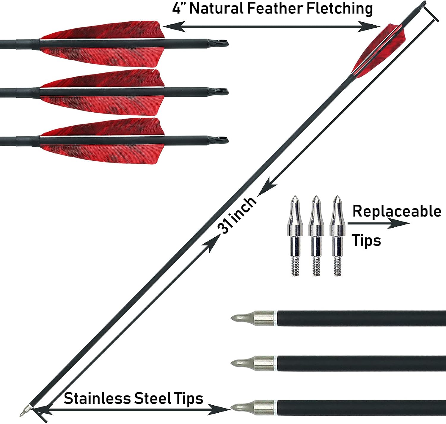Archery Carbon Arrows 31" Hunting Arrows 500 Spine Arrow with Replaceable Tips Natural Fletching Targeting Practice Arrows for Recurve Bow Compound Bow Traditional Long Bow