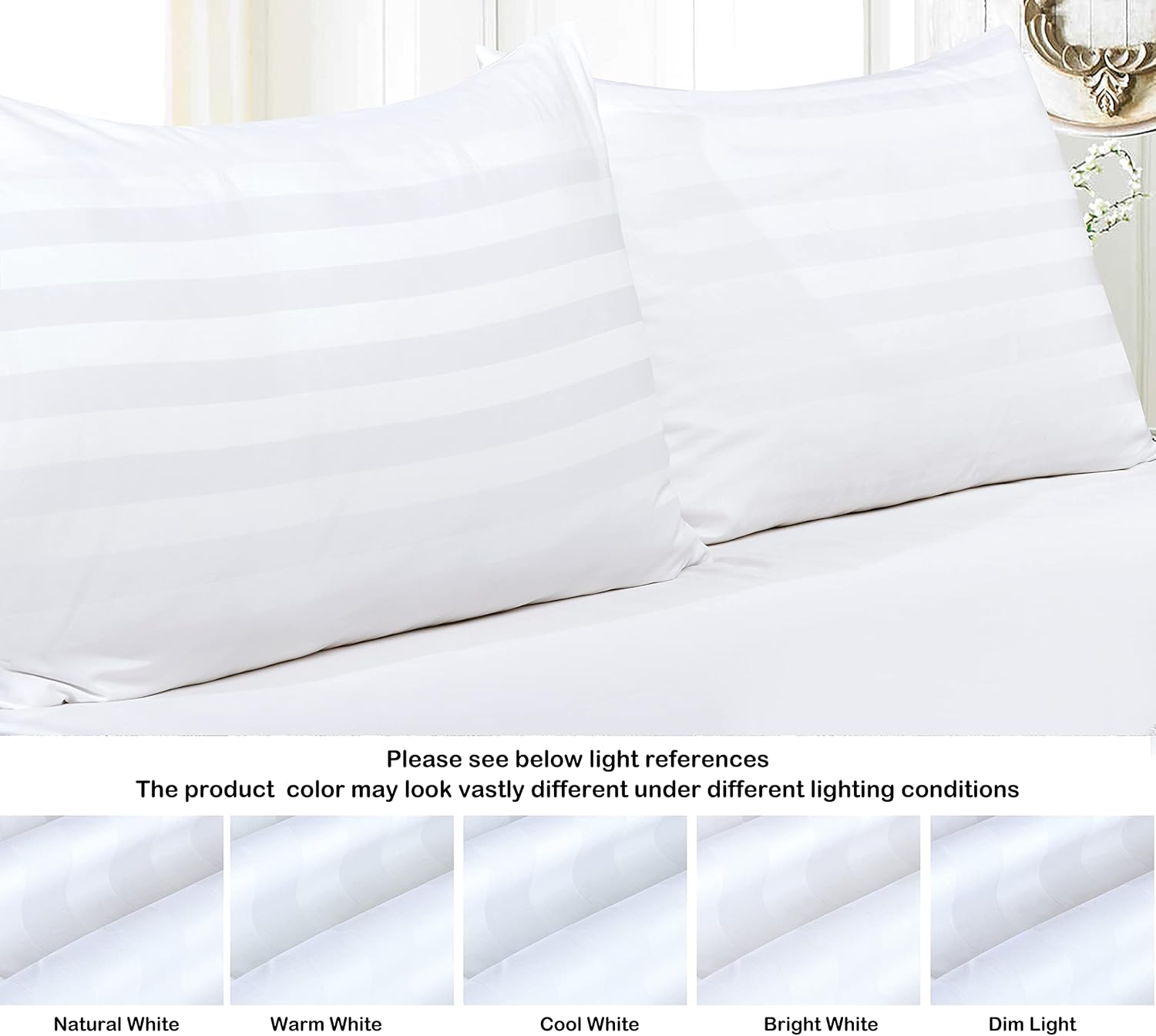 Pillow Protector King Size 100% Egyptian Cotton Pillow Covers, 400 Thread Count Sateen Weave Cooling Pillow Cases with Zipper Hidden, Breathable Non Noisy Easy Care, Set of 2 (Striped White) - Image 8