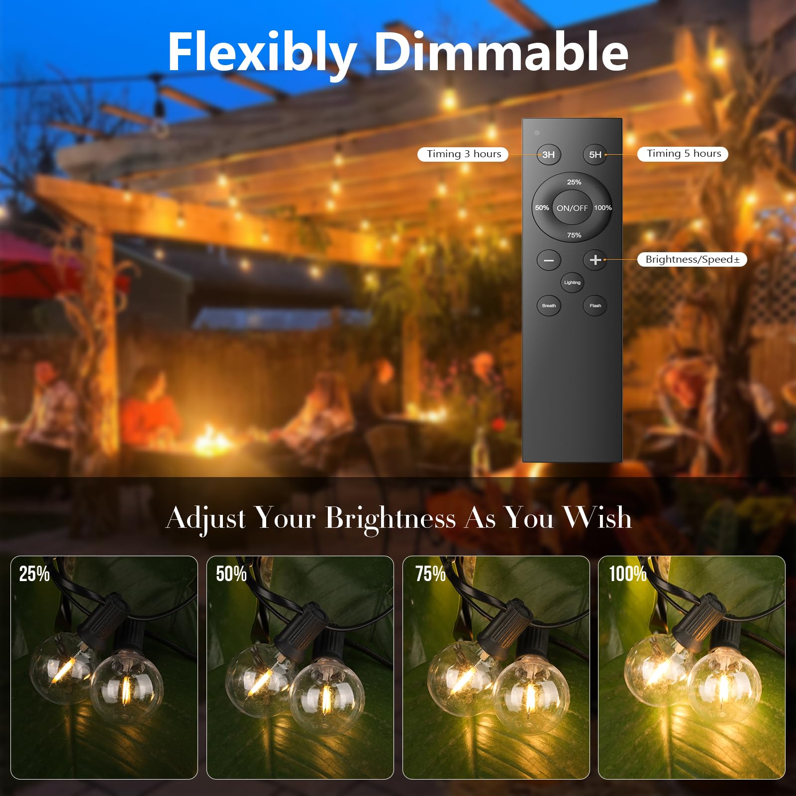 FANSANMY Catena Luminosa Esterno Dimmerabile, 30M Luci da esterno con Telecomando, 50+2 Lampadine Infrangibili, IP45 Impermeabile, 2700K Bianco Caldo, Adatto per Giardini, Cortili, Bistrot, Case