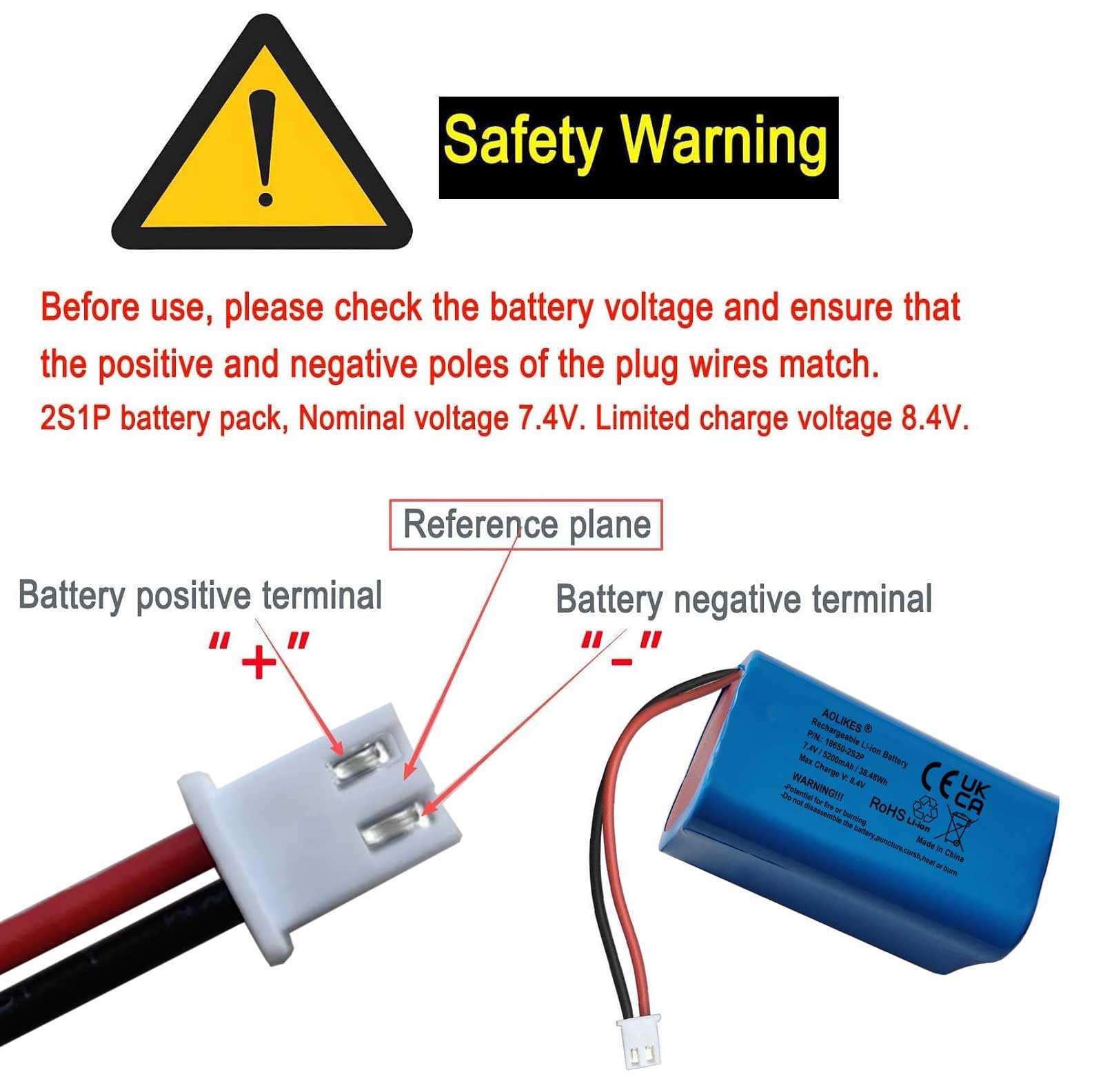 AOLIKES Batterie lithium-ion rechargeable 18650 2s2p 5200 mAh 7,4 V avec connecteur XH2.54/3P mâle / cellules 5C / prend en charge la charge rapide