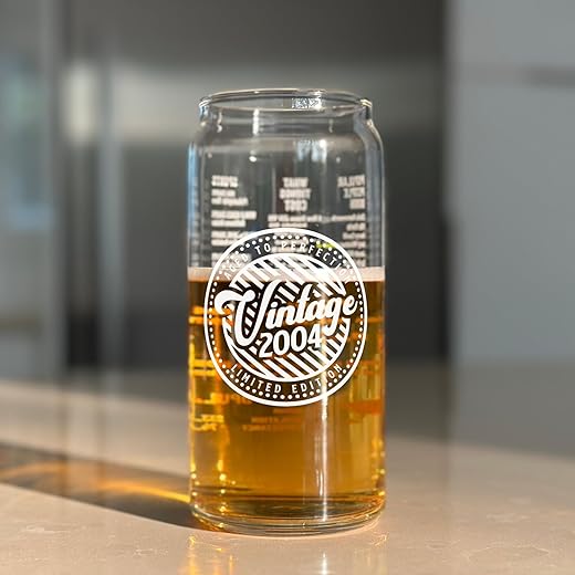 21st Birthday Gift For Men - Birthday Beer Gifts 20 Oz 2-Sided Beer Can Glass (1 Count) - Funny Vintage Glass for His or Her 21st Birthday - Unique Party Gift (2002)