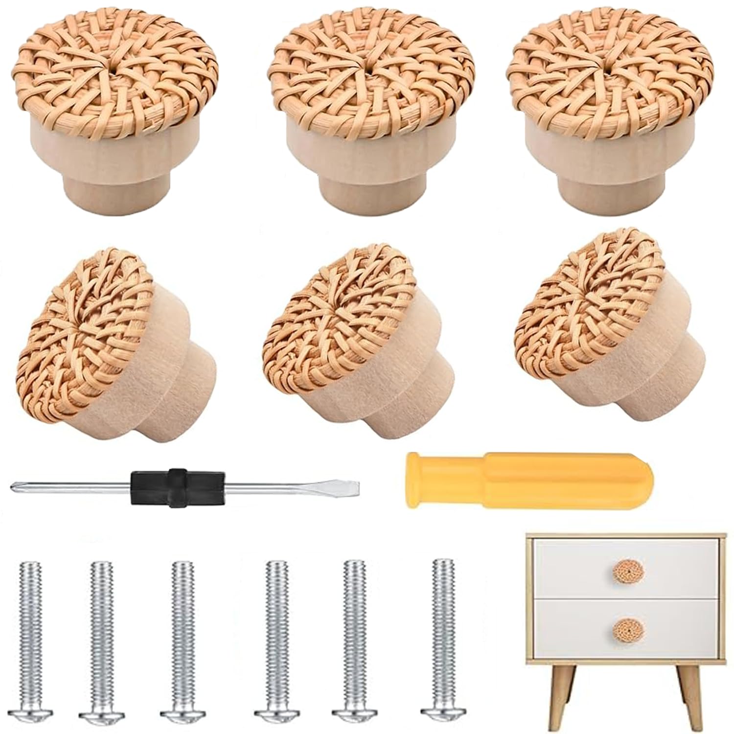 Rxkfigx Wood Color 6 Pcs Boho Rattan Drawer Knobs Round Wood Drawer Knobs Handmade Woven Wicker Knobs Wooden Chest Of Drawers Knobs Round Cabinet Knobs For Cupboard, Drawers, Living Room, Kitchen
