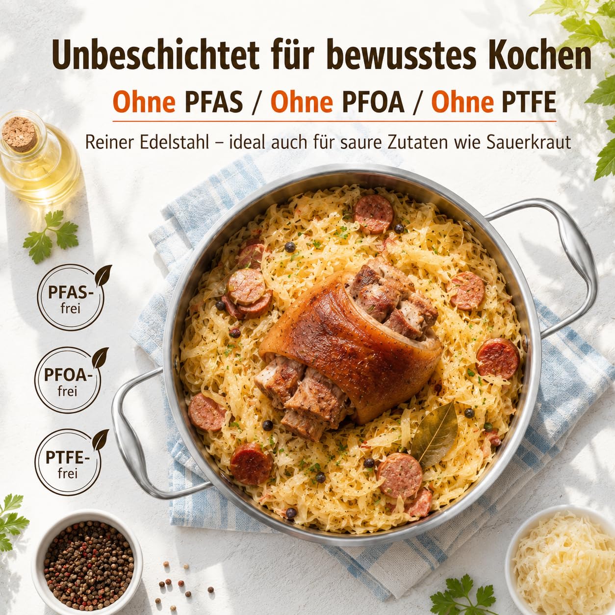 DELARLO Schmorpfanne 28cm Hoher Rand 5,6 L, Edelstahl Servierpfanne | 7mm 3‑lagiger Boden, Unbeschichtet, PFOA Frei, PFAS Frei, PTFE Frei, Geeignet für alle Herdarten, Ergonomischer Griff
