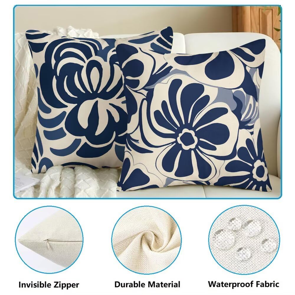 Federe Cuscini da Esterno Impermeabili 65x65 Blu Navy Copri Cuscini per Divano Fiori Federa Cuscino Astratto Decorativi Copricuscini per Divano Giardino Patio Soggiorno Copricuscino Set di 2 (IU367)